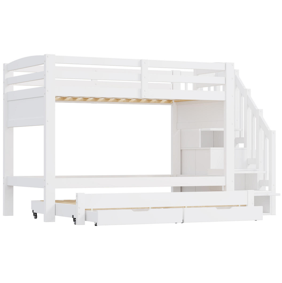 ETAGENBETT aus MDF und Kiefer 90x200 cm Weiß mit Ausziehbett, Stauraumtreppe und Kleiderschrank - Weiß, Holzwerkstoff (90/200cm) - Modfu