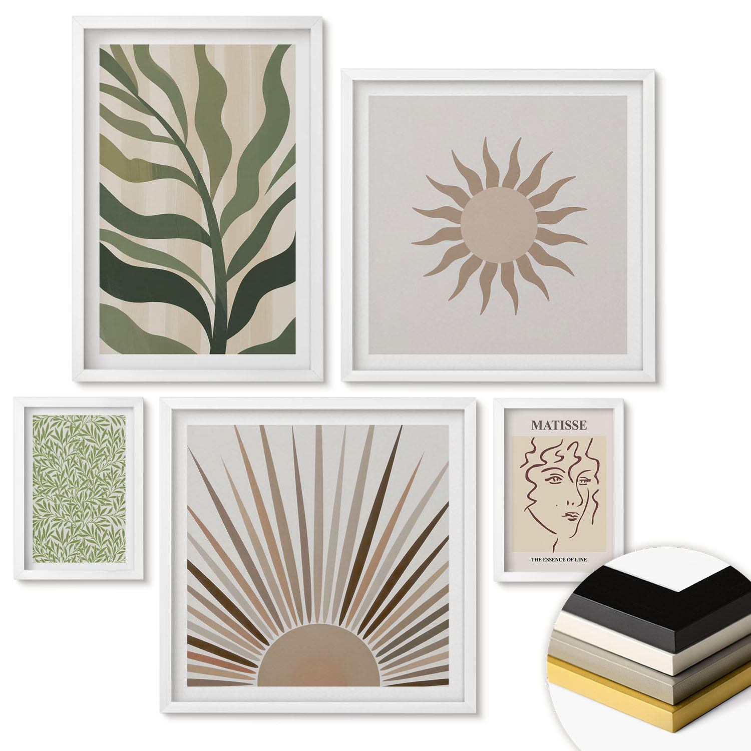 WANDBILDER 5er-Set - 50x50 cm & 20x30 cm & 40x60 cm Weißer Rahmen - Abstrakte Pflanzenmuster - Weiß, Kunststoff (40/60cm) - ArtPrintCave