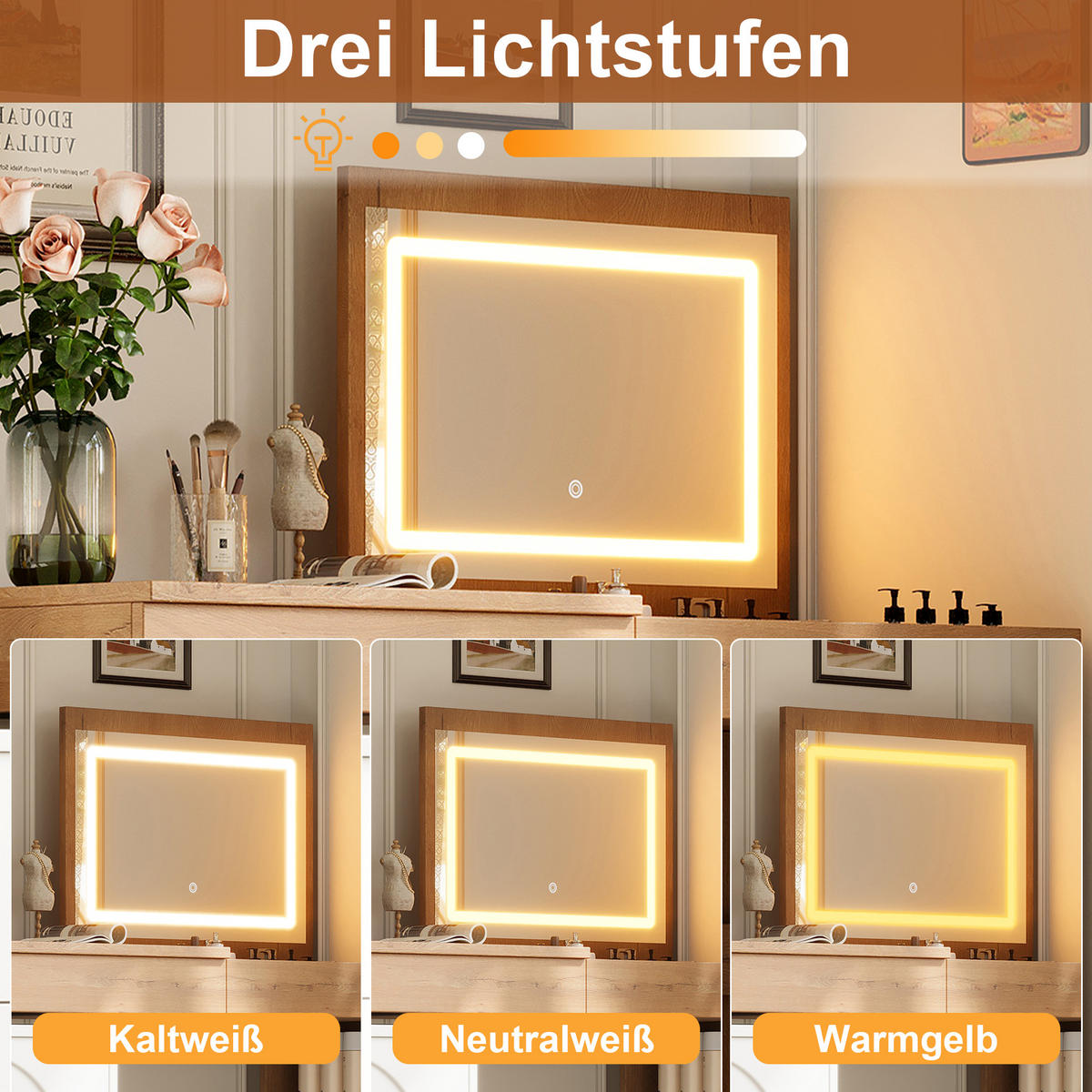 SCHMINKTISCH Drehbar LED Beleuchtung Weiß Holzoptik - Multicolor, Holzwerkstoff (105/80/40cm) - FLIEKS