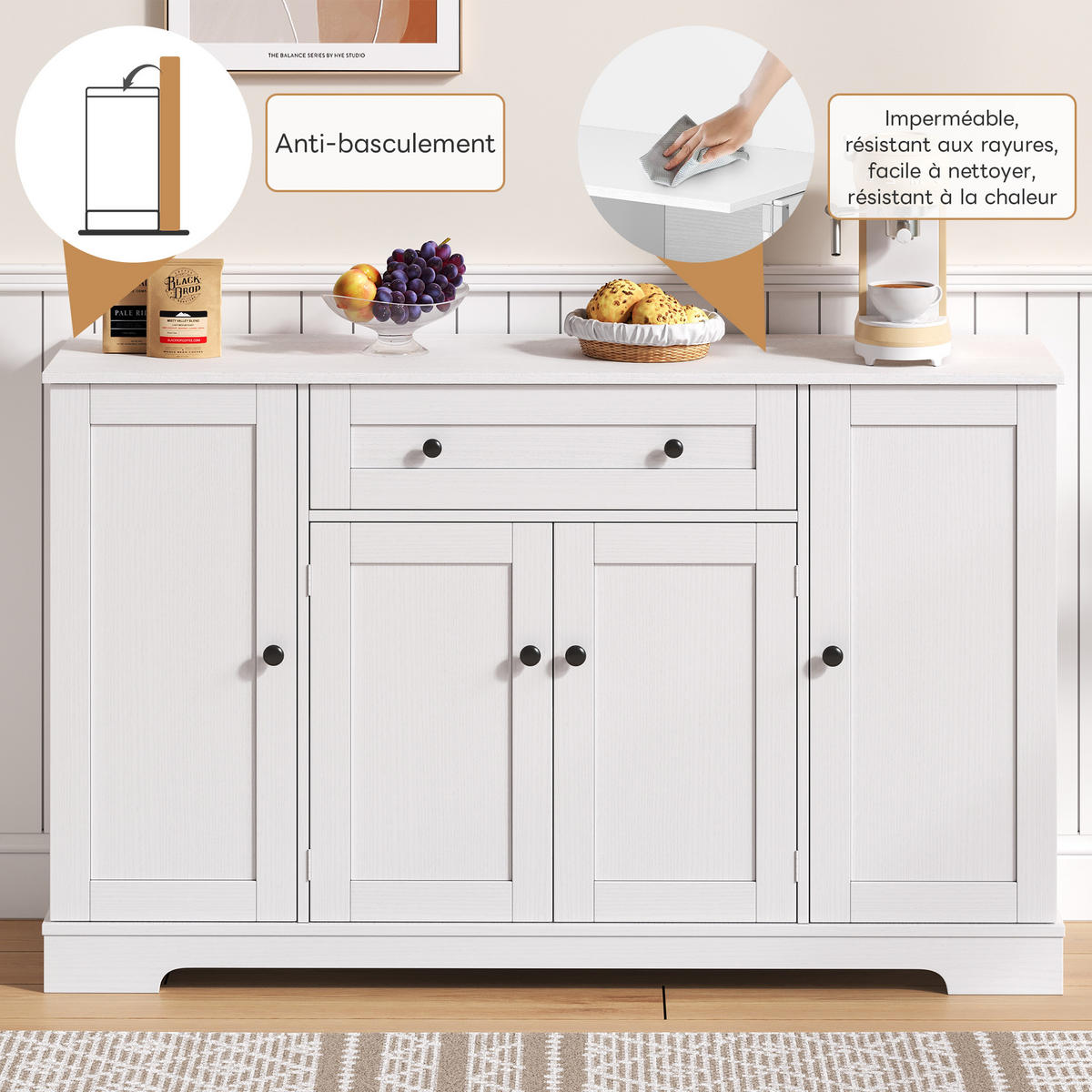 SIDEBOARD aus MDF in Weiß mit Schublade, Doppeltürfach und verstellbaren Einlegeböden, 138/40/85 cm, Weiß - Weiß, Holzwerkstoff (138/85/40cm) - Redom