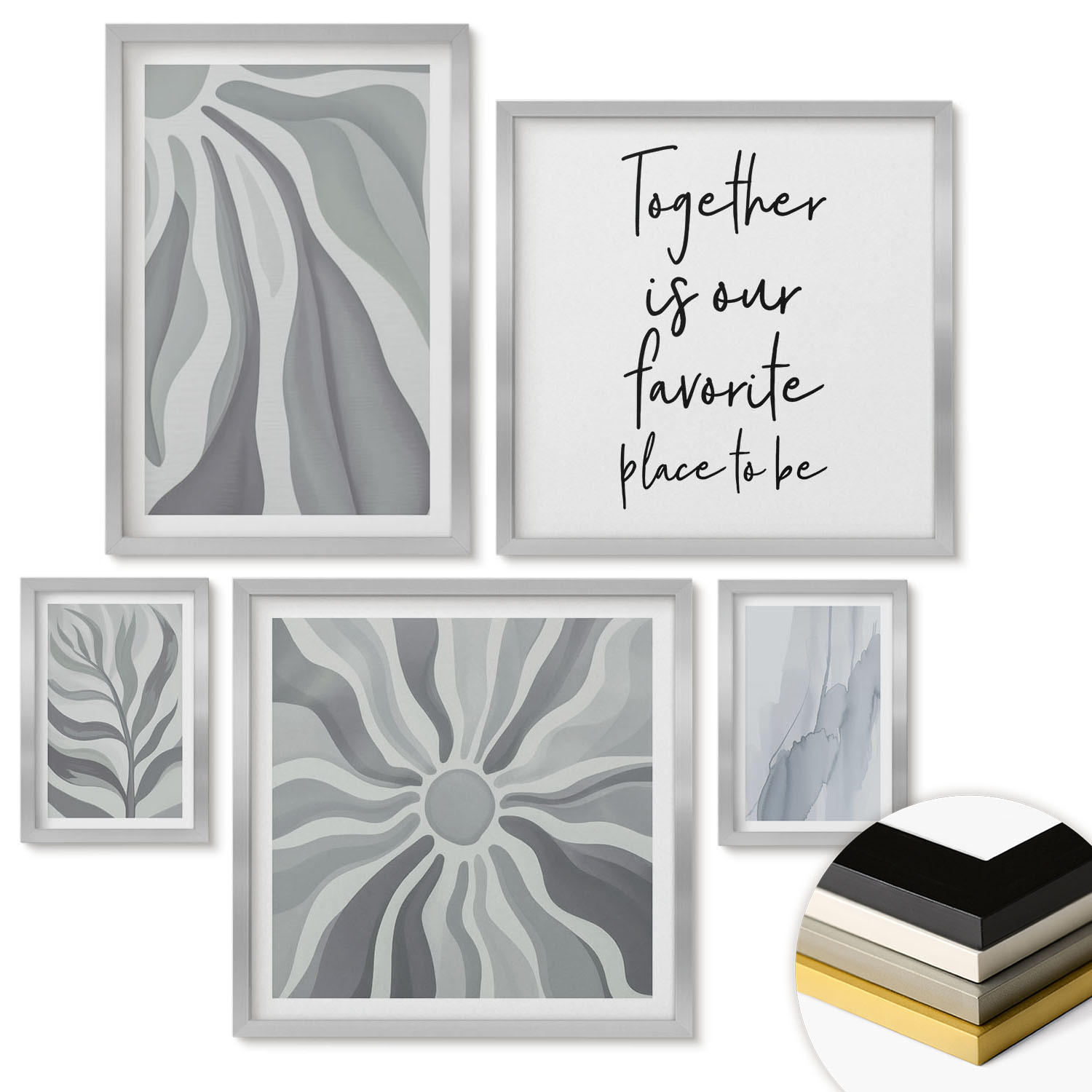 WANDBILDER 5er Set - 50x50 cm & 20x30 cm & 40x60 cm Silberner Rahmen - Illustrationen mit floralen Pastellmustern - Silberfarben, Kunststoff (40/60cm) - ArtPrintCave
