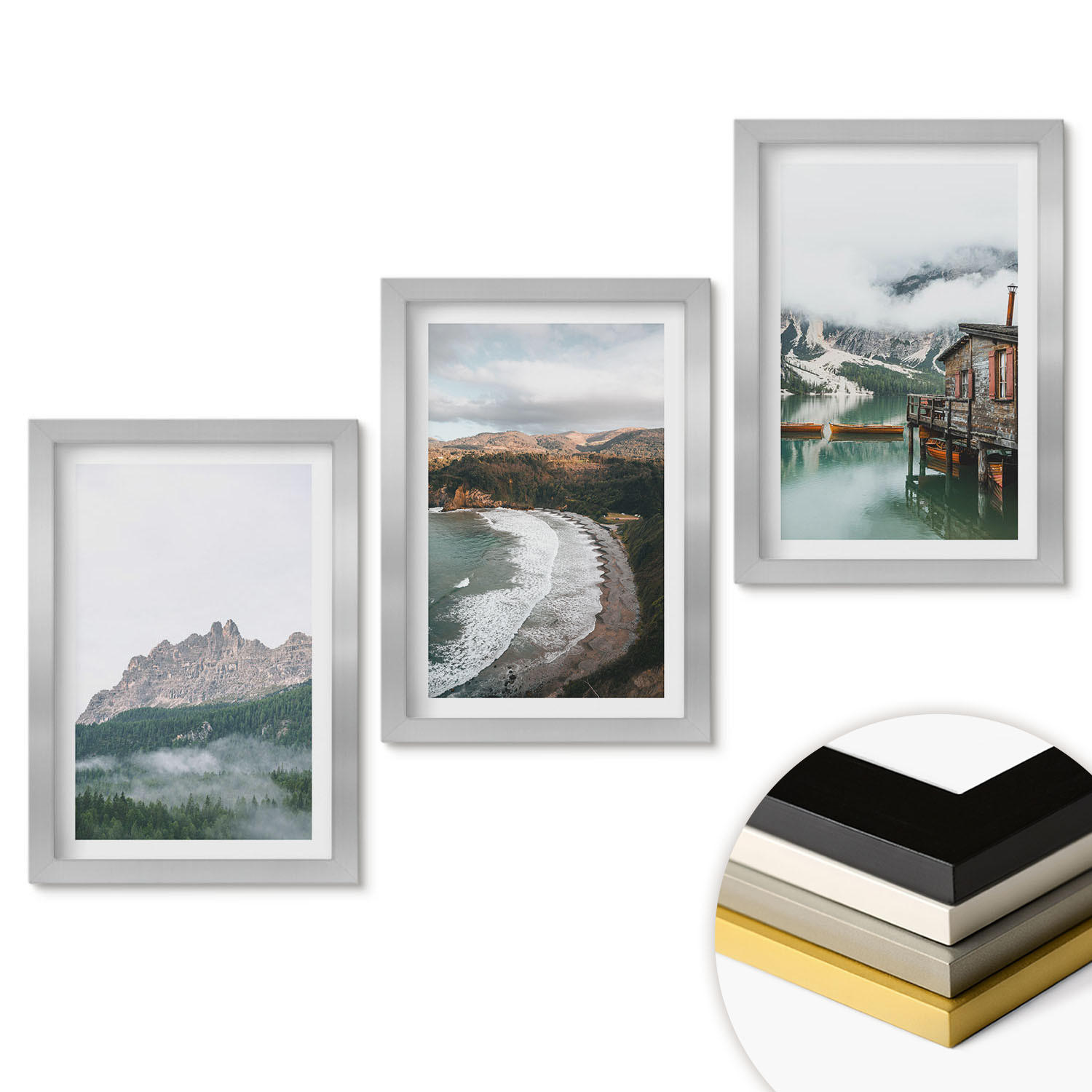 WANDBILDER 3er Set - 20x30 cm Silberner Rahmen - Holzhaus an Bergstränden - Silberfarben, Kunststoff (20/30cm) - ArtPrintCave