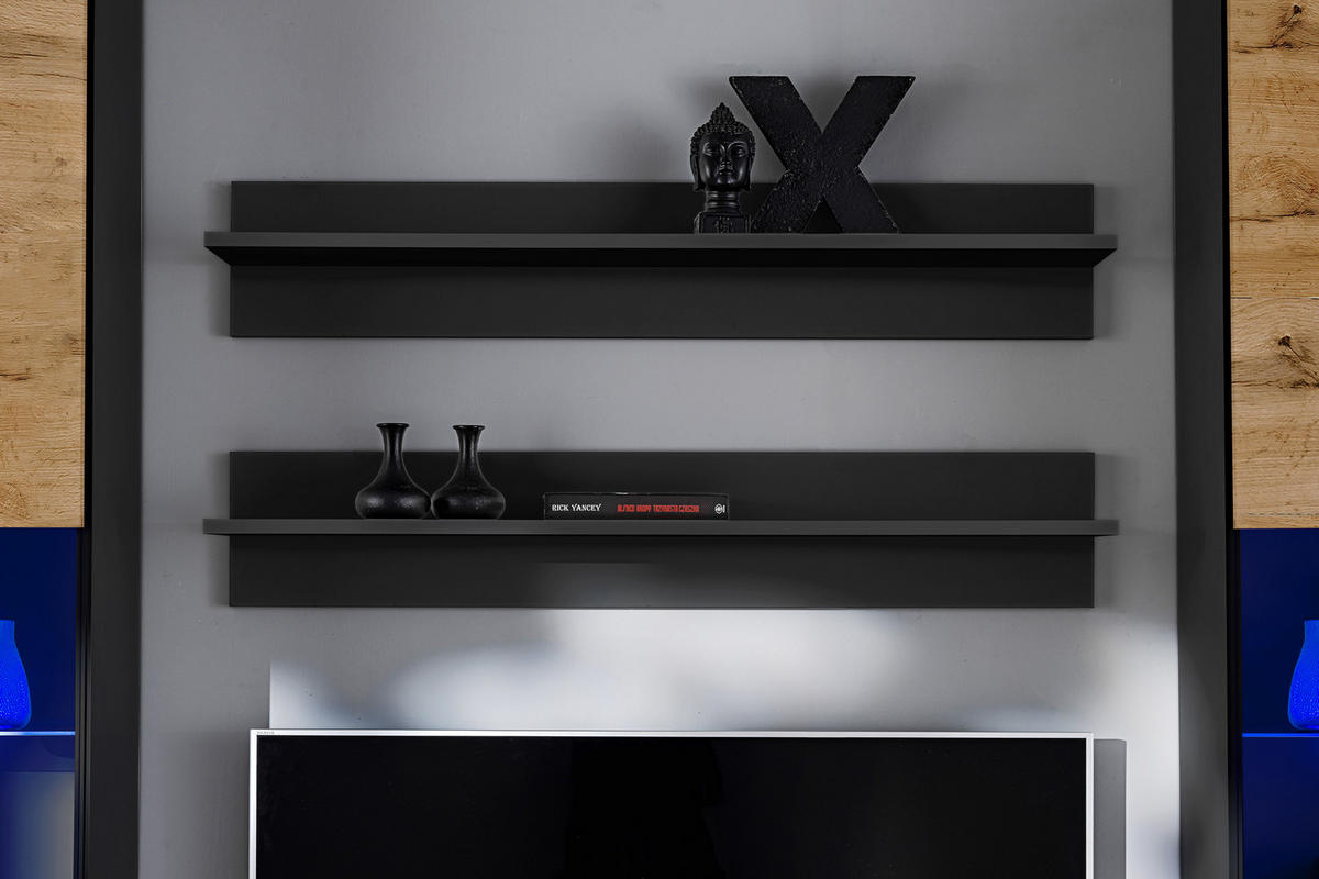 WOHNZIMMERSET VARALLO, 6er-Set, Schwarz, Front Eiche Wotan , LED Mehrfarbige - Eiche Wotan/Schwarz, Glas/Holzwerkstoff (200/190/45cm) - Komodee