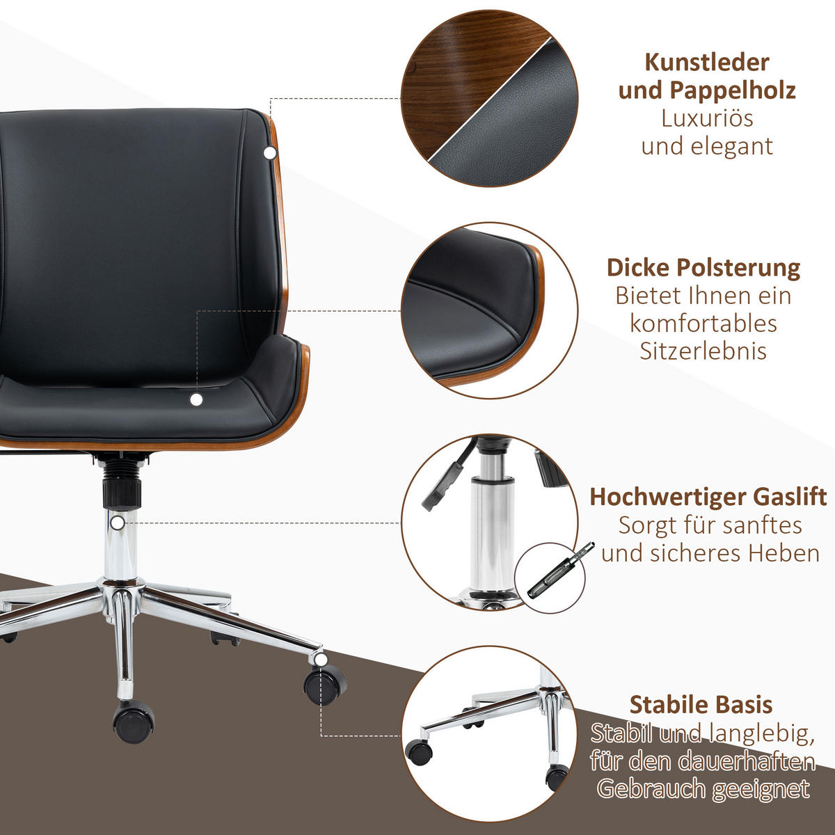 BÜROSTUHL mit Wippfunktion, Ergonomischer Computerstuhl, bis 120 kg Belastbar - Schwarz, Leder (60/96/53cm) - Vinsetto