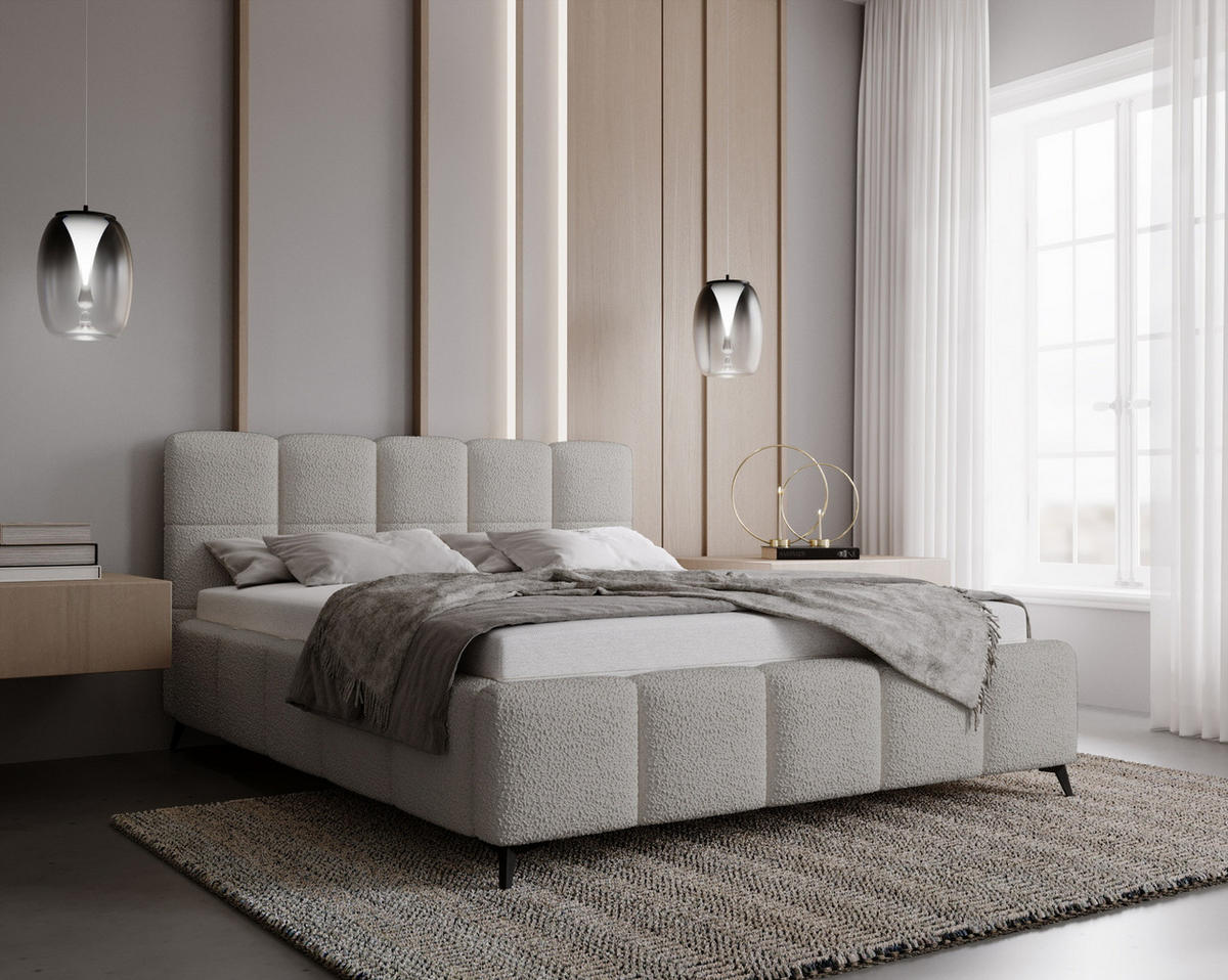 DOPPELBETT 140x200 mit Bettkasten Kastilo, Boucle, Hellgrau - Hellgrau, Holz/Textil (140/200cm) - Emporius