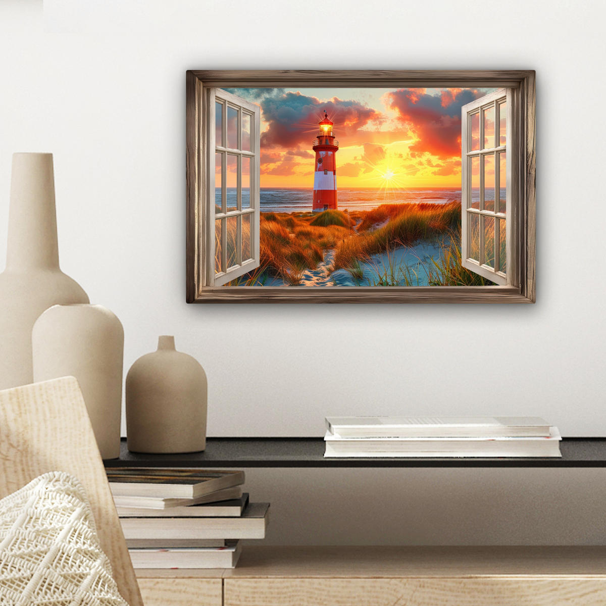 LEINWANDBILD Aussicht - Fenster - Leuchtturm - Sonnenuntergang - Strand Deko Schlafzimmer 30x20 cm - Dunkelorange, Textil (30/20cm) - MuchoWow