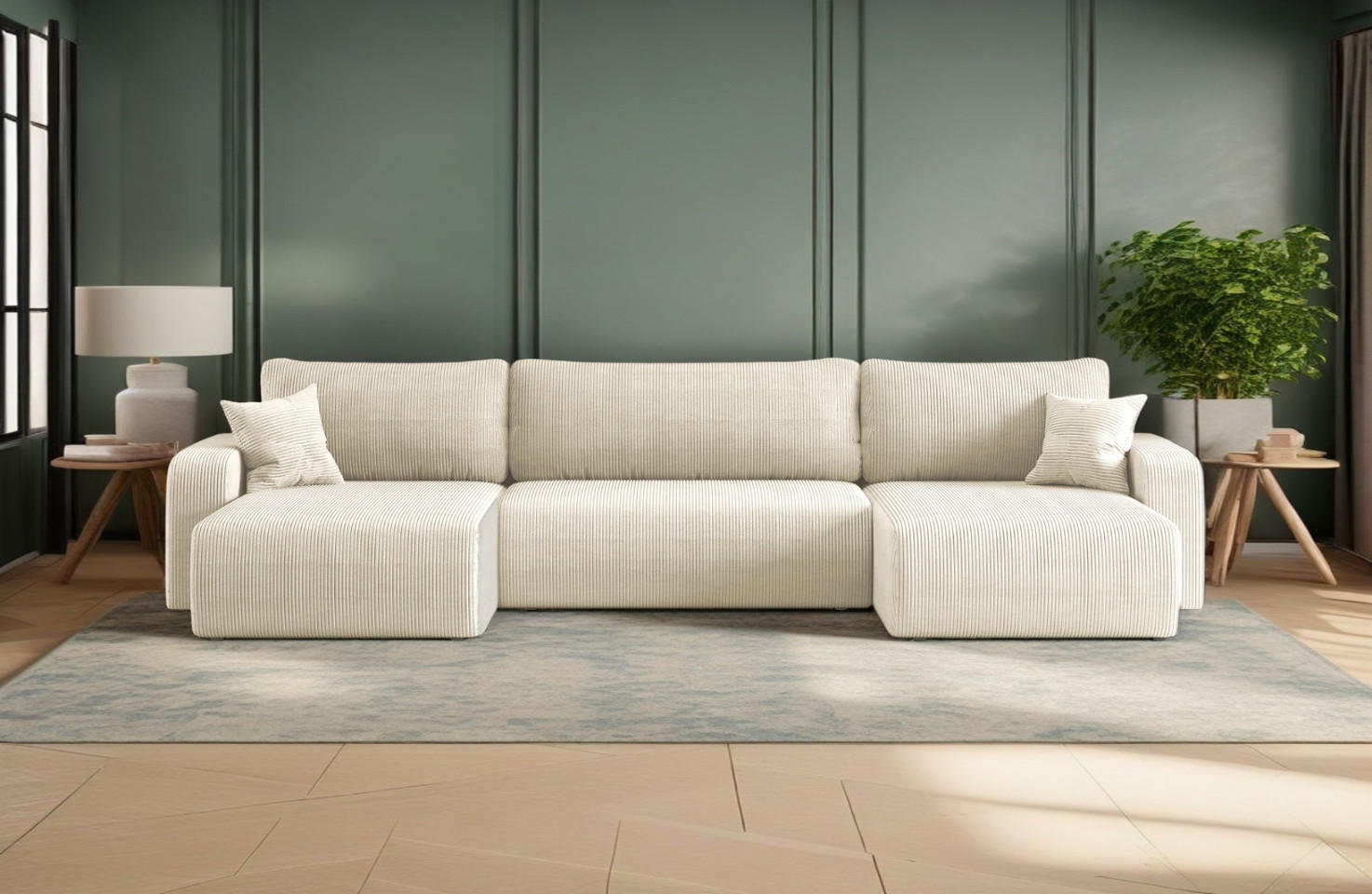 ECKSOFA U-Form Mit Schlaffunktion Und Bettkasten MILANO Dicker Cord Ecru - Ecru, Holz/Textil (312/145cm) - Kaiser Möbel