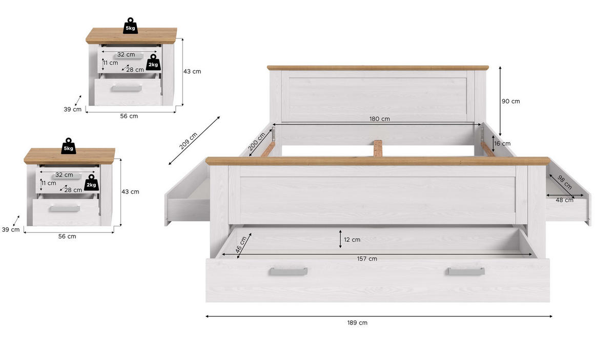 BETTANLAGE VERONA (B/H/T: ca. 301/90/209 cm) in Sibiu Lärche Nachbildung/Sibiu Lärche Nachbildung - Lärchefarben, Holzwerkstoff - Homes & Jones