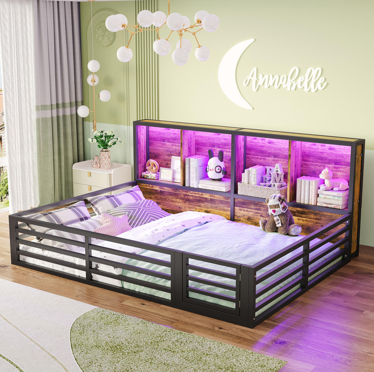 KINDERBETT 140/200 cm schwarz aus Metall und MDF mit Stauraum und LED - Schwarz, Holzwerkstoff (140/200cm) - OKWISH