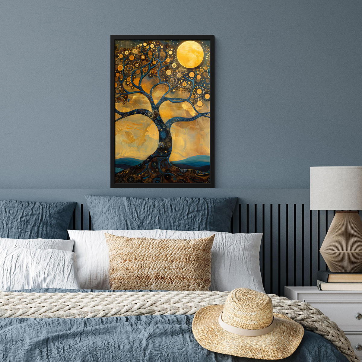 GERAHMTES BILD Baum - Mond - Blumen - Gold - Kunst 40x60 cm - Orange, Papier (40/60cm) - MuchoWow