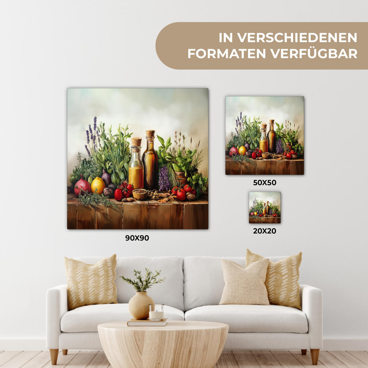 LEINWANDBILD Stilleben - Kräuter - Gewürze - Früchte - Farbenfroh 50x50 cm - Grün, Textil (50/50cm) - MuchoWow
