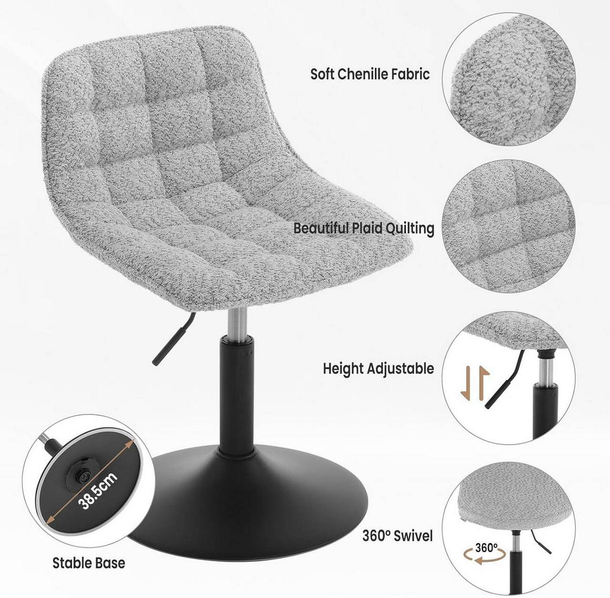 BARHOCKER aus bequemer Chenille, Metall, Grau - Schwarz/Grau, Kunststoff/Textil (42.5/60.5/45cm) - Woltu