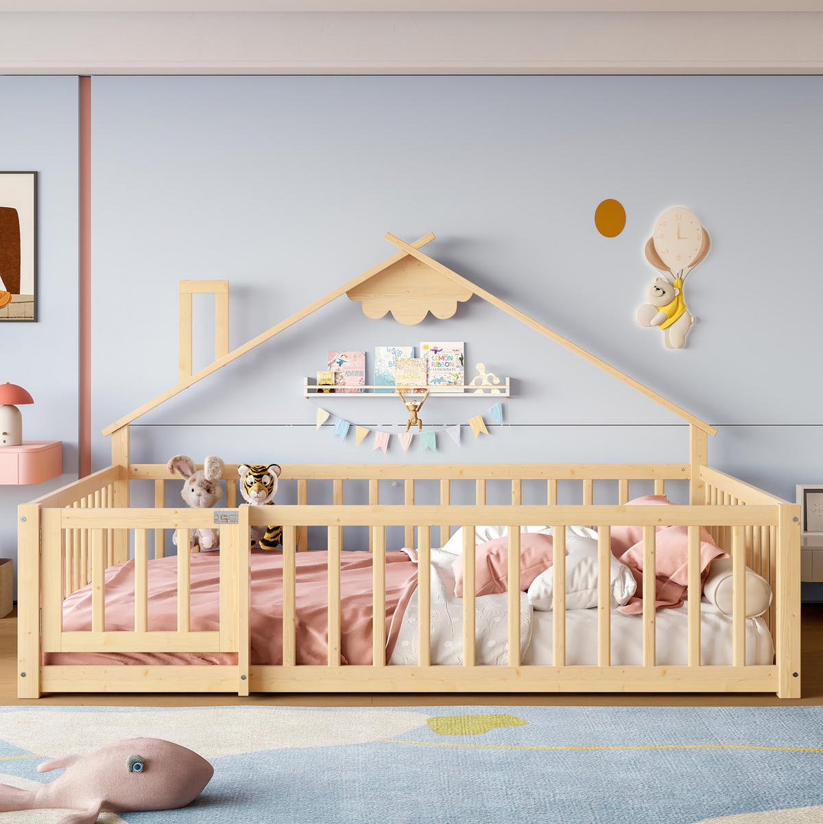 DETSKÁ posteľ z borovicového dreva a MDF 140x190 cm prírodná s domčekovým dizajnom, zábradlím so zámkom a úložným priestorom - prírodná farba, kompozitné drevo (140/190cm) - Modfu