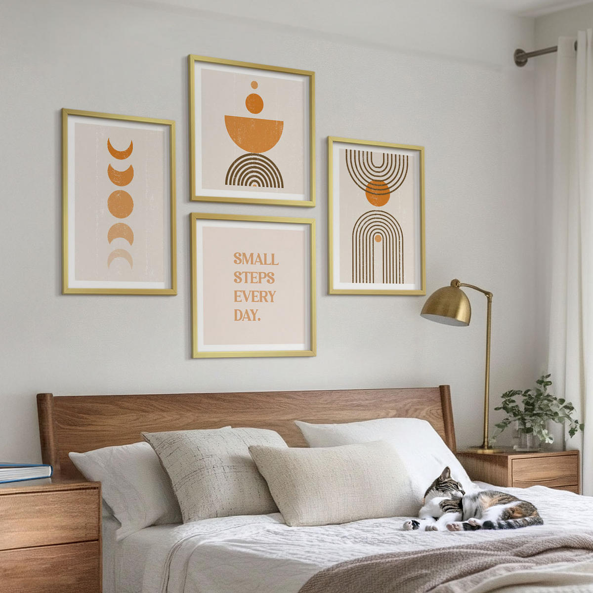 WANDBILDER 4er Set - 50x50 cm & 40x60 cm Goldrahmen - Minimalistische Boho-Muster - Goldfarben, Kunststoff (50/50cm) - ArtPrintCave