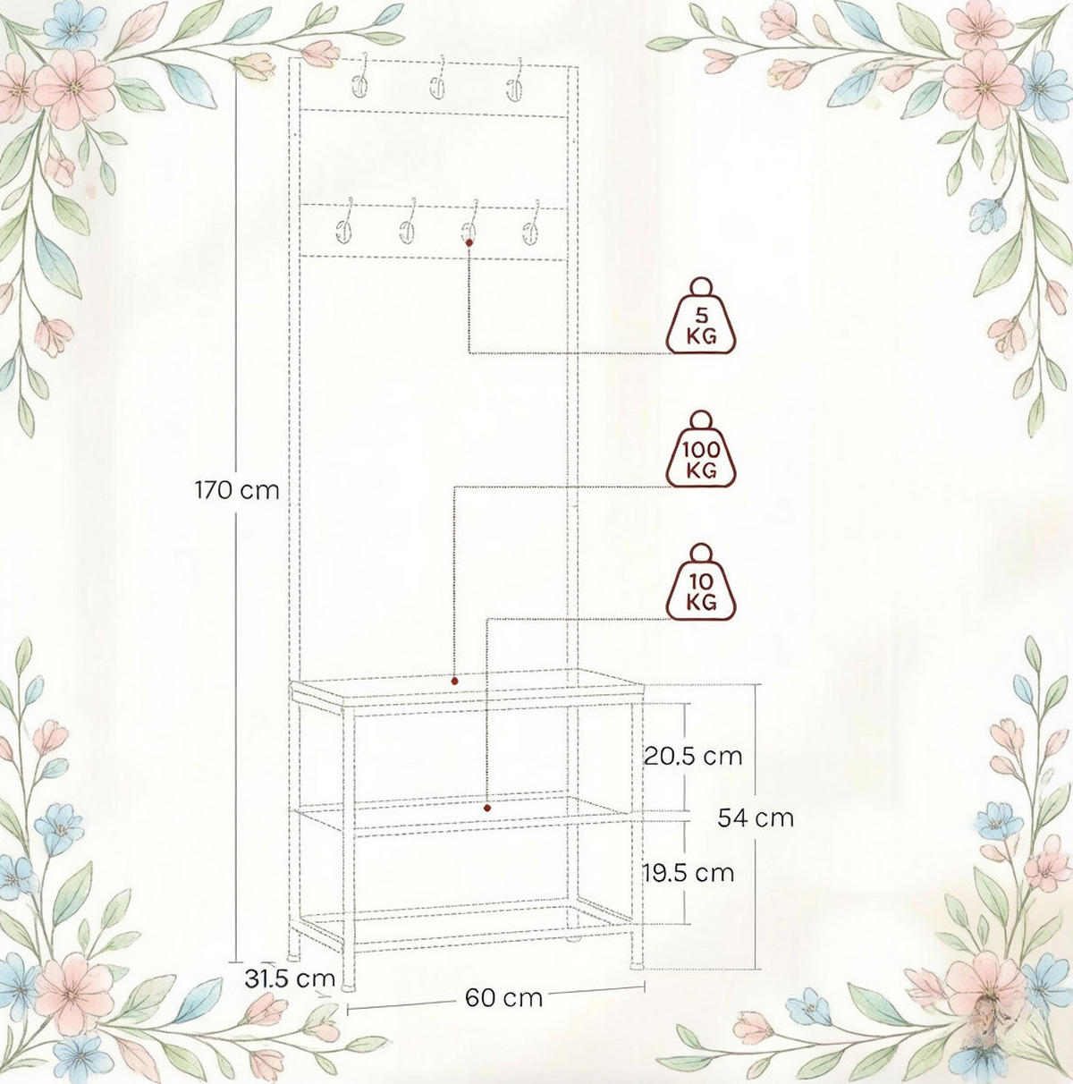 GARDEROBE 60/31,5/170 cm weiß aus Metall und Holz mit Schuhbank - Weiß, Metall (60/170/31.5cm) - OKWISH
