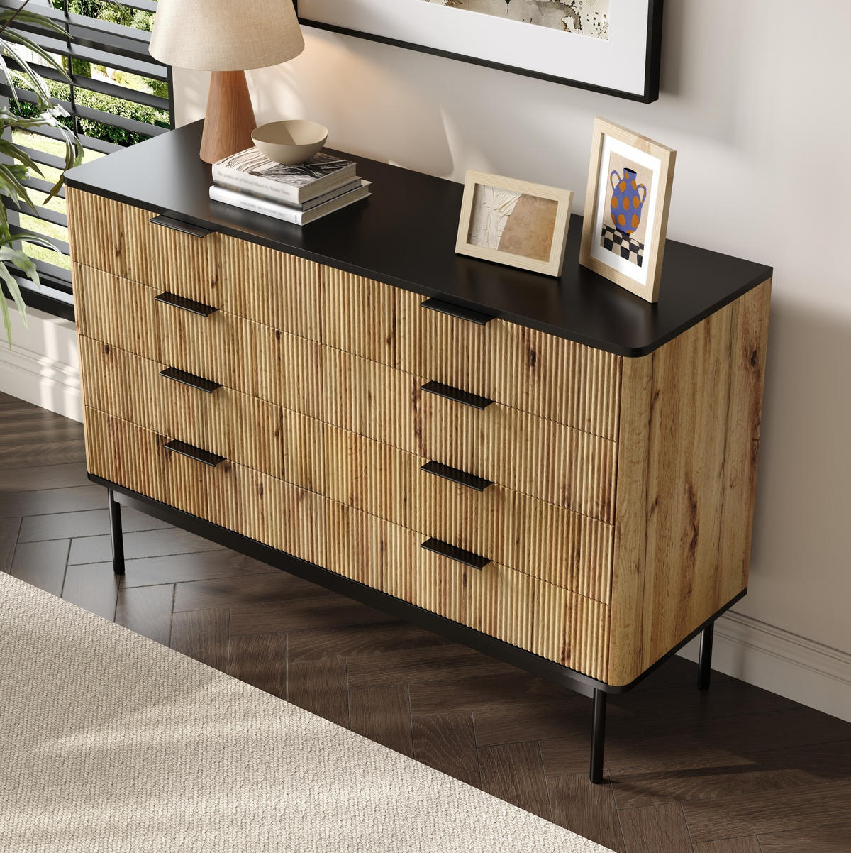 KOMODA 120/39,5/80 cm černá a přírodní z MDF s více zásuvkami - černá, kompozitní dřevo (120/80/39.5cm) - OKWISH