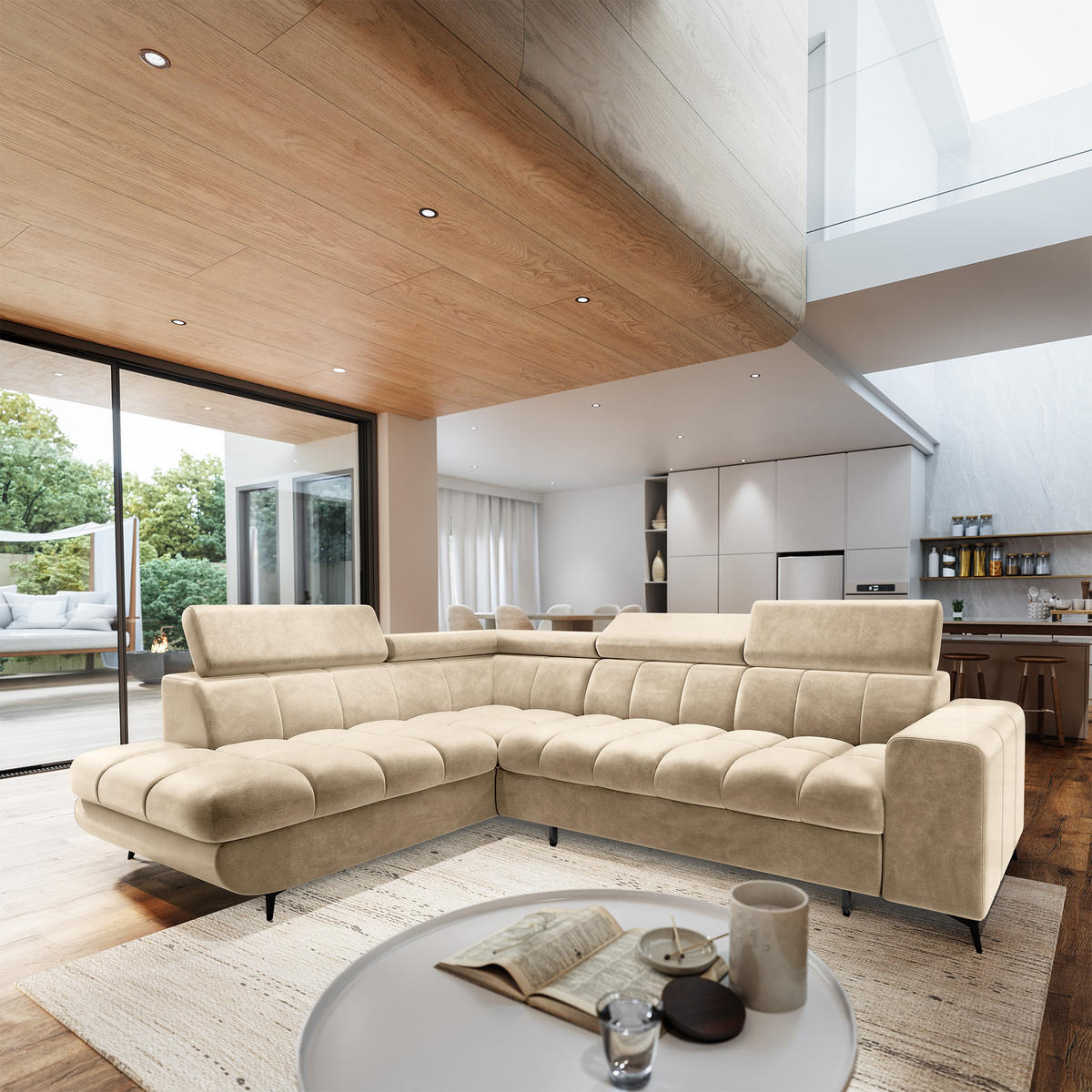 ECKSOFA MORIVA L-S Creme Velours-Stoff mit Schlaffunktion - Creme, Holz (253/190cm) - MASSENO