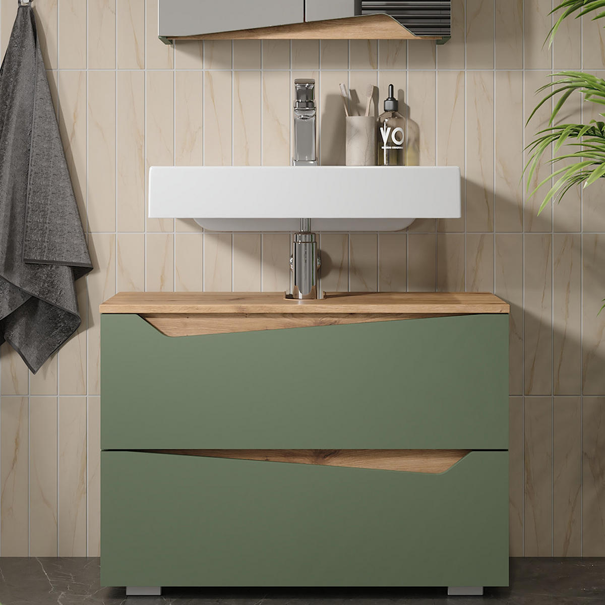 WASCHBECKENUNTERSCHRANK Marelle Grün/Artisan 80 x 57.5 cm mit 2 Schubladen - Grün, Holzwerkstoff (80/57.5/35cm) - Vicco