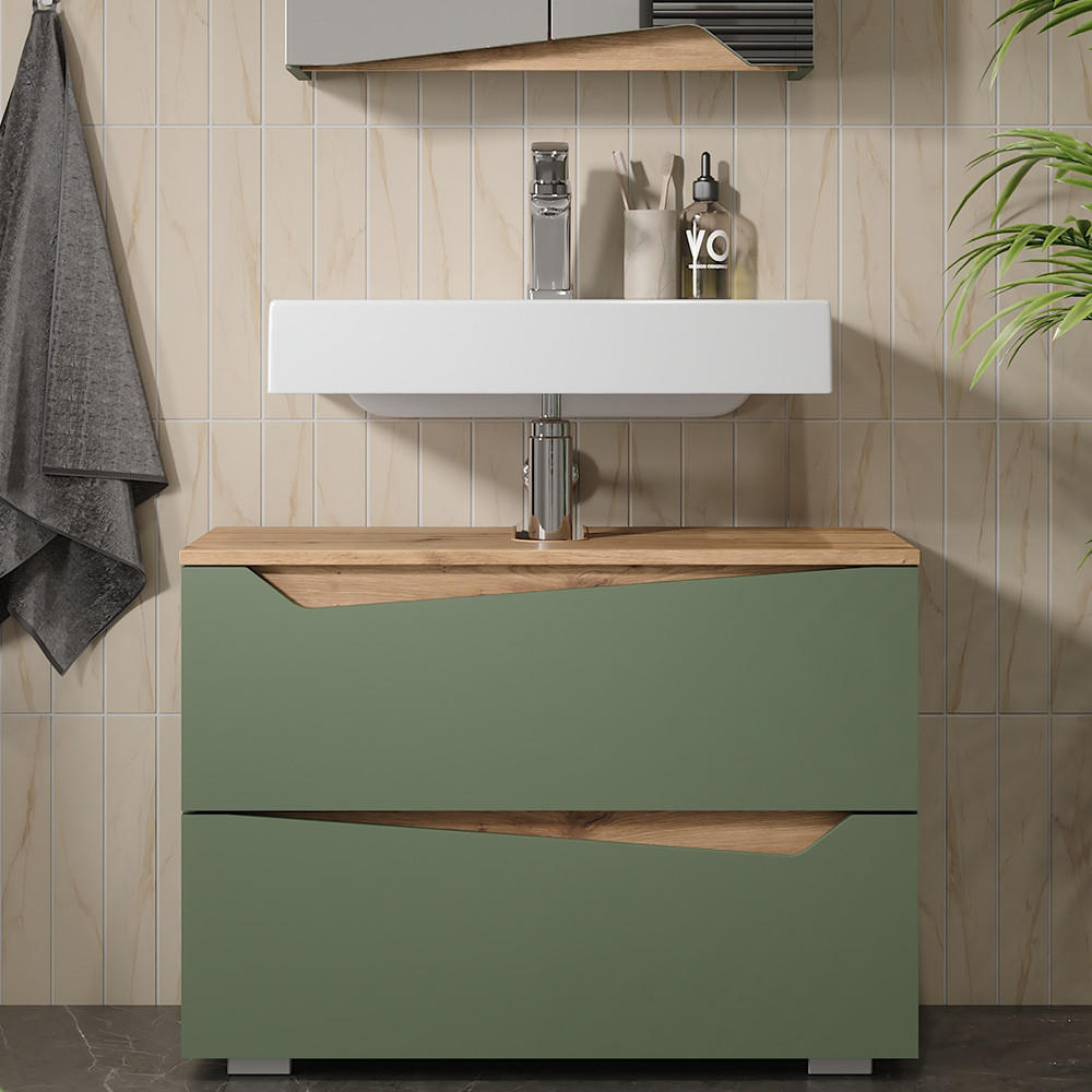 Thumbnail - Vicco Waschbeckenunterschrank, Grün, Hellgrau, Holzwerkstoff, 2 Schubladen, Rechteckig, 80x57.5x35 cm, Badezimmer, Badez...