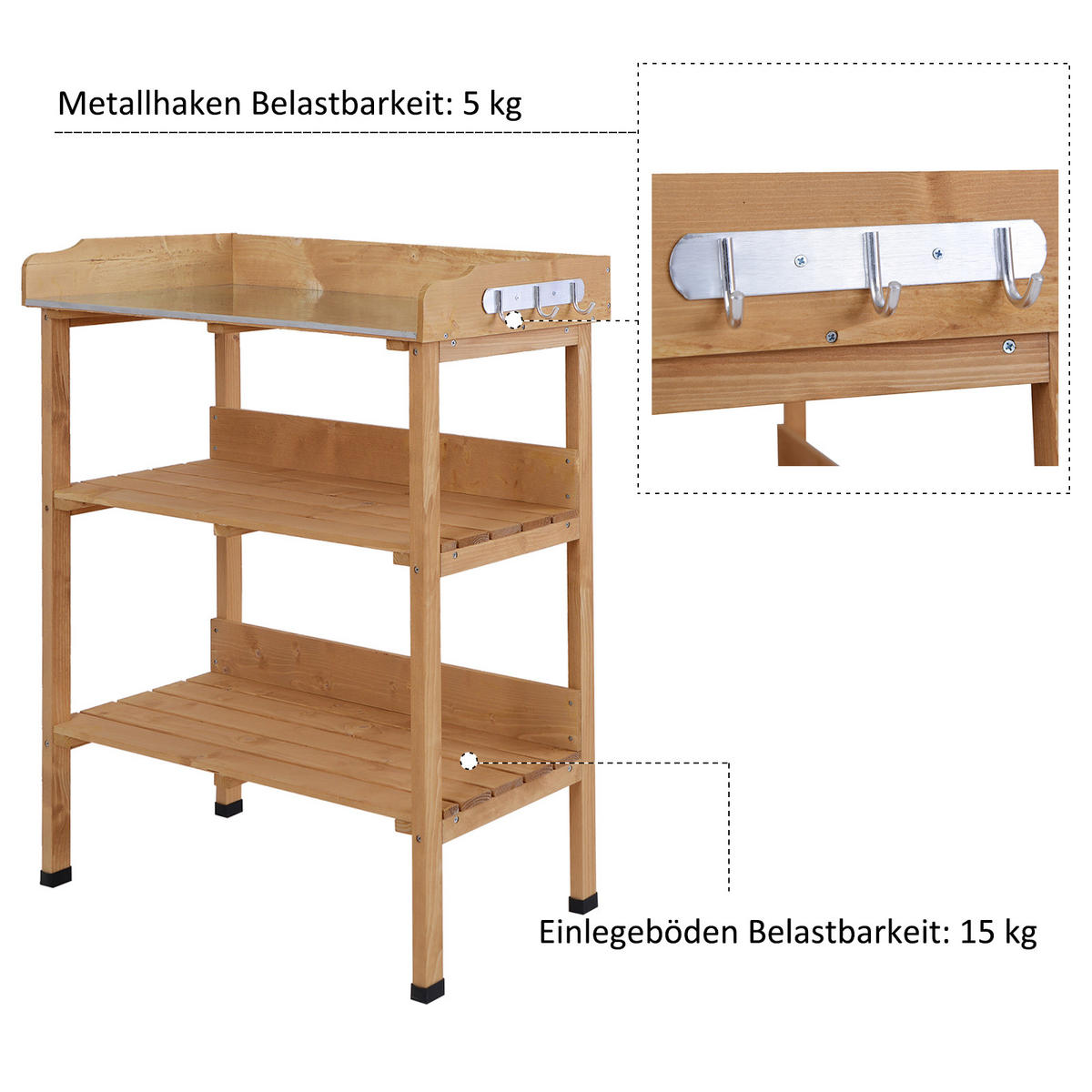 PFLANZTISCH Gärtnertisch Blumentisch mit Metall Arbeitsfläche Garten Holz Natur - Fichtefarben, Holz (76/37/89cm) - Outsunny