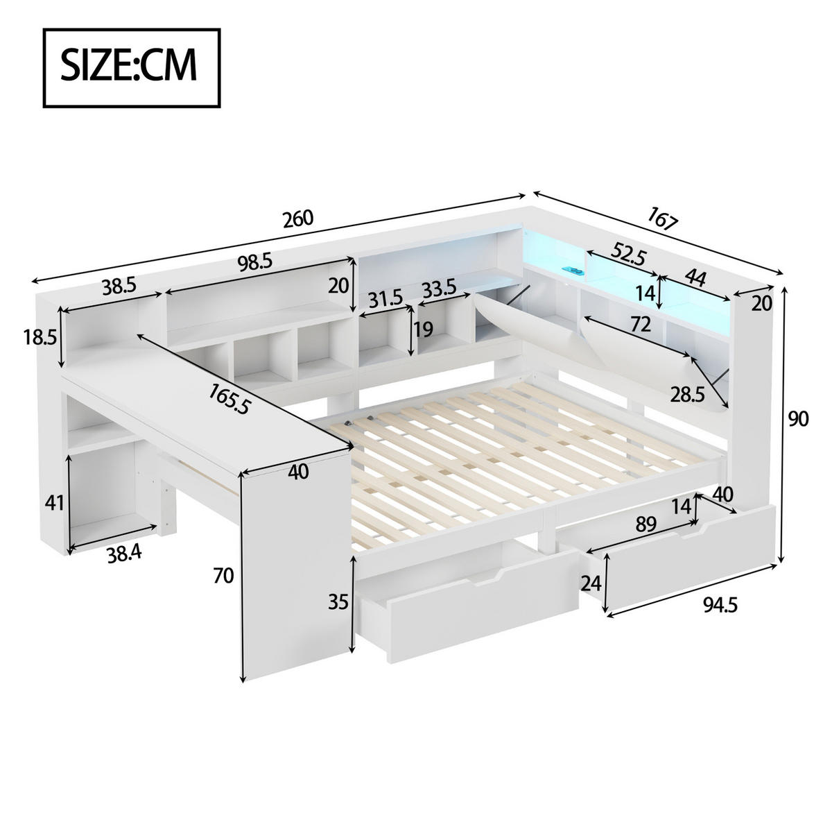 POSTEĽ 140/200 cm biela z MDF a preglejky s písacím stolom, knižnicou, zásuvkami a LED čelom - biela, kompozitné drevo (140/200cm) - OKWISH