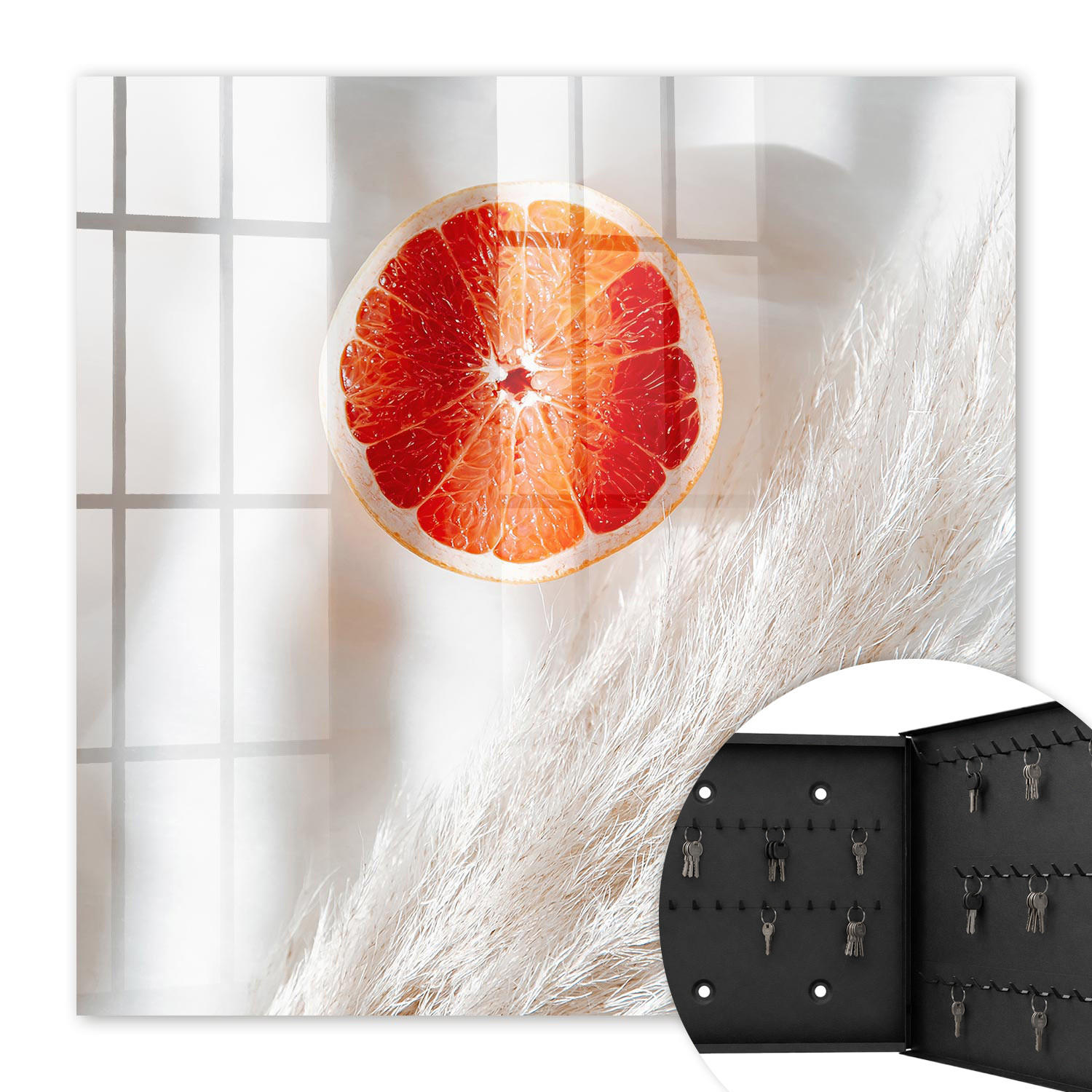 SCHLÜSSELBOX Schwarz 30x30 cm- Türöffnung nach rechts - Rote Grapefruit und Boho-Gras - Weiß, Metall (30/30/5cm) - TULUP