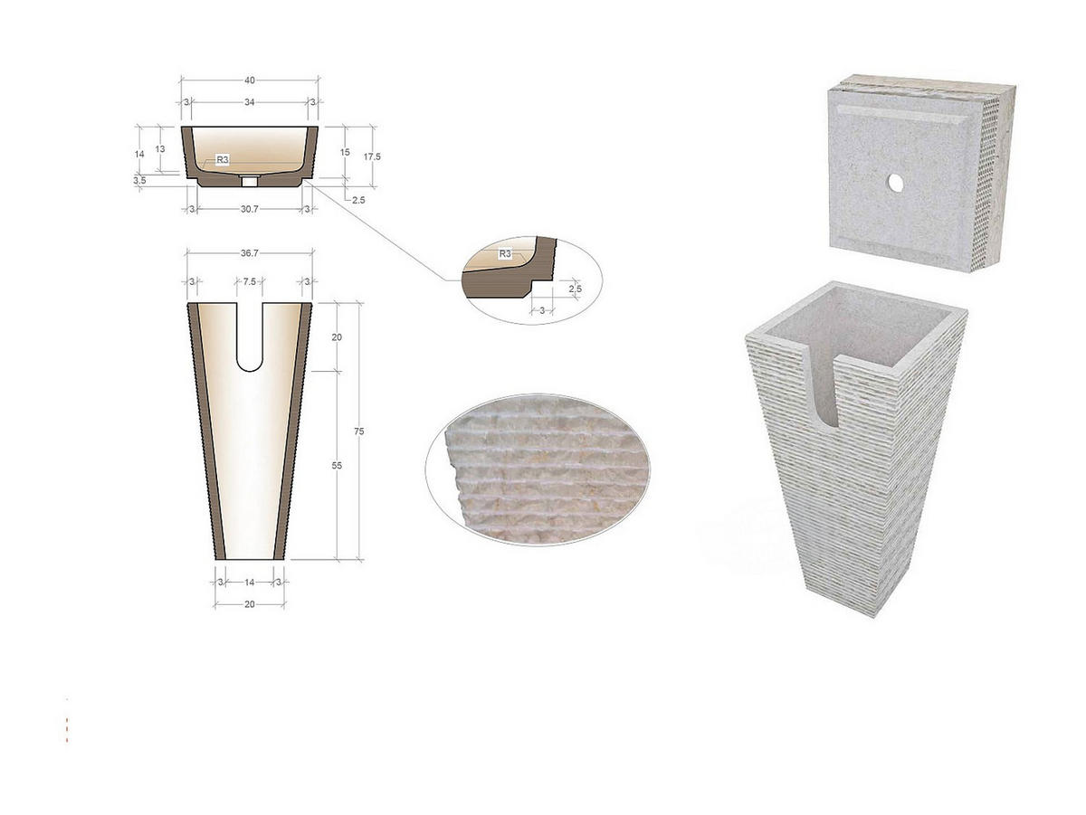 FREISTEHENDES Waschbecken - 40 cm x 40 cm - marmor - cremefarben Storta - Creme, Stein (40/90/40cm) - Vente-Unique