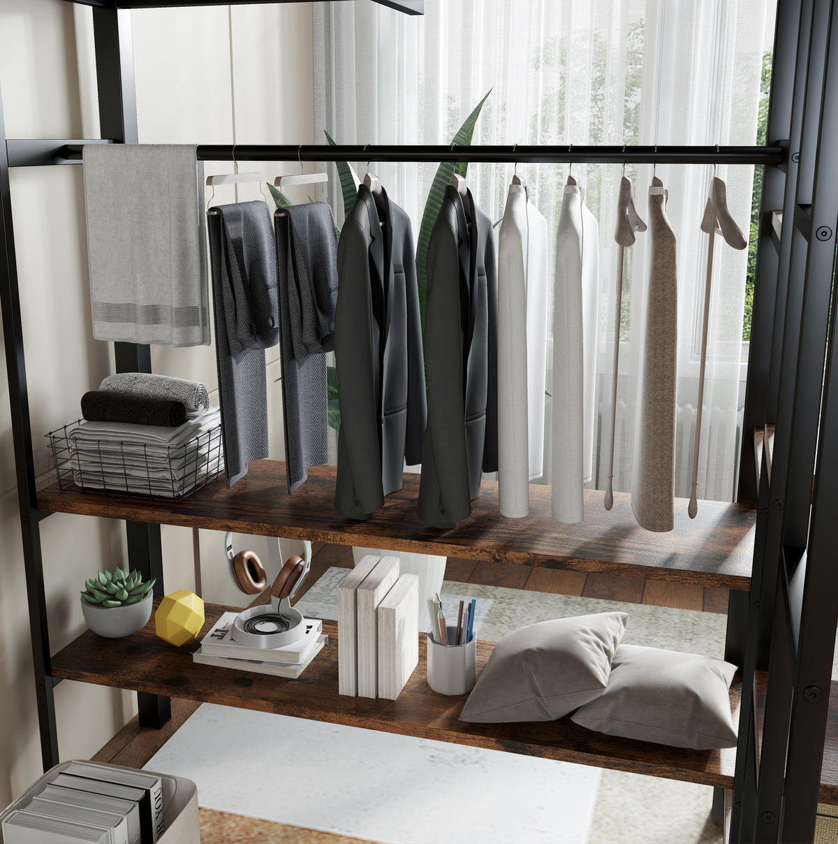 HOCHBETT 120/200 cm aus Metall mit Schreibtisch und offenem Kleiderschrank - Schwarz, Holzwerkstoff (120/200cm) - BEAOK