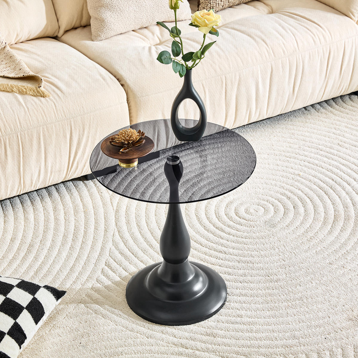 BEISTELLTISCH DE-37360 rund mit Glasplatte und geschwungenem Sockel Schwarz - Schwarz, Metall (50/50/51.5cm) - ComfortXL