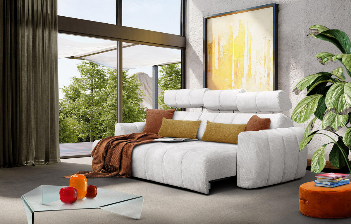 ECKSOFA KIMI 3-Sitzer, ausziehbarer Sitz, verstellbare Kopfstützen, creme - Creme/Schwarz, Holzwerkstoff/Textil (270/160cm) - Courtois Laville