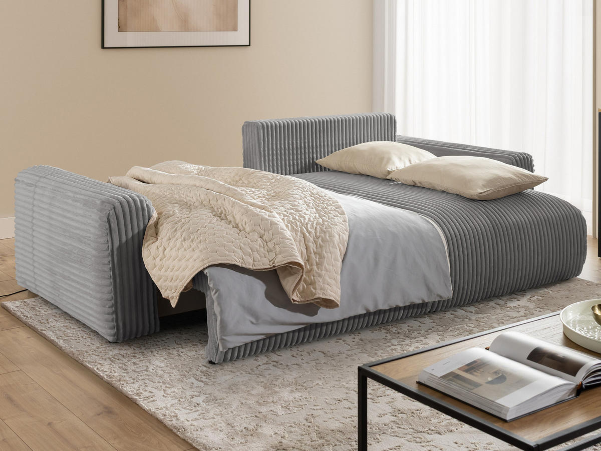ECKSOFA Calma mit Schlaffunktion und Bettkasten im Bumpy-Design aus weichem Grau Plüschcord - Ottomane rechts - Schwarz/Grau, Holz/Kunststoff (140/239cm) - S-Style