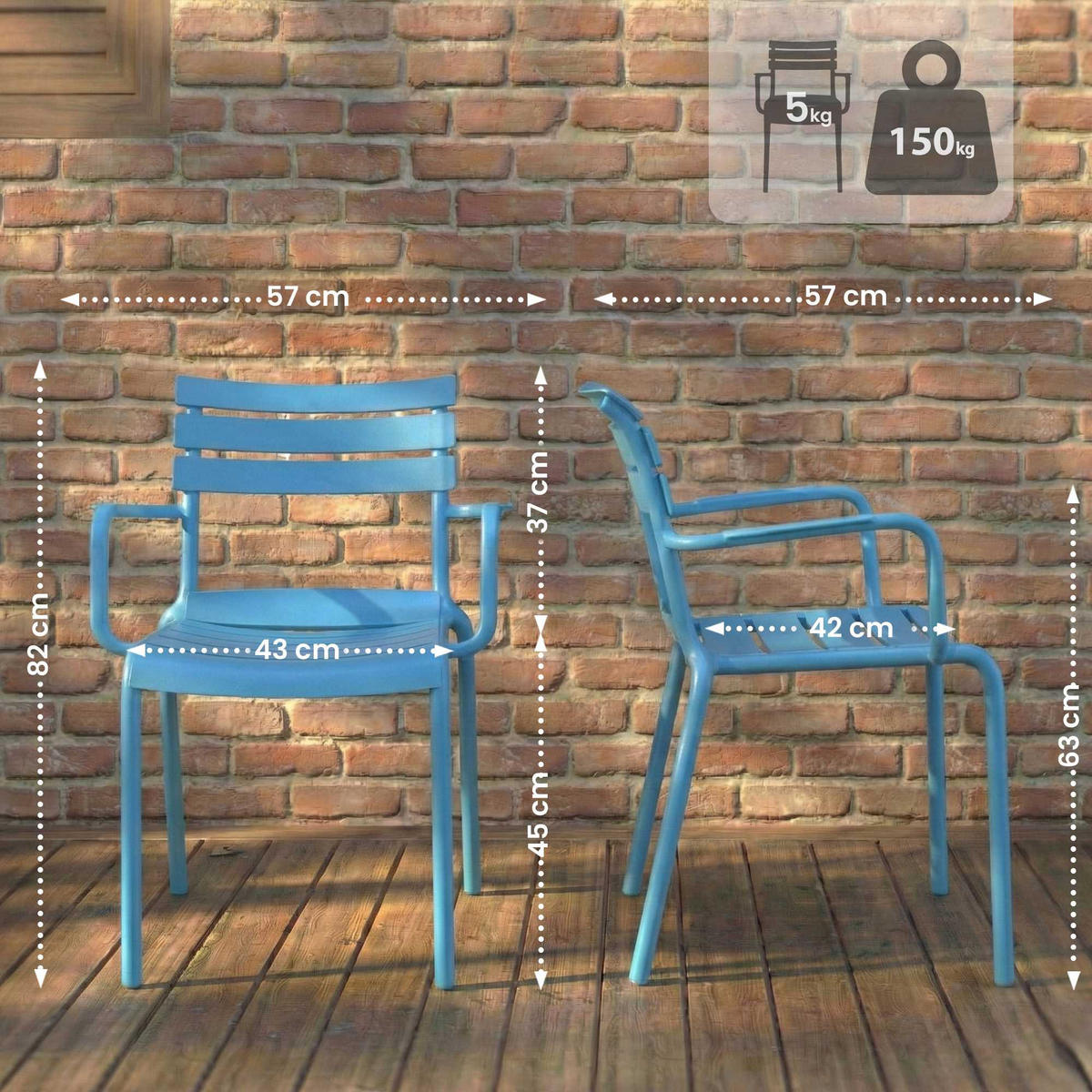 GARTENSTUHL Karl Armlehne 57x57x82cm Kunststoff Blau Stapelstuhl - Blau, Kunststoff (57/82/57cm) - DELUKE