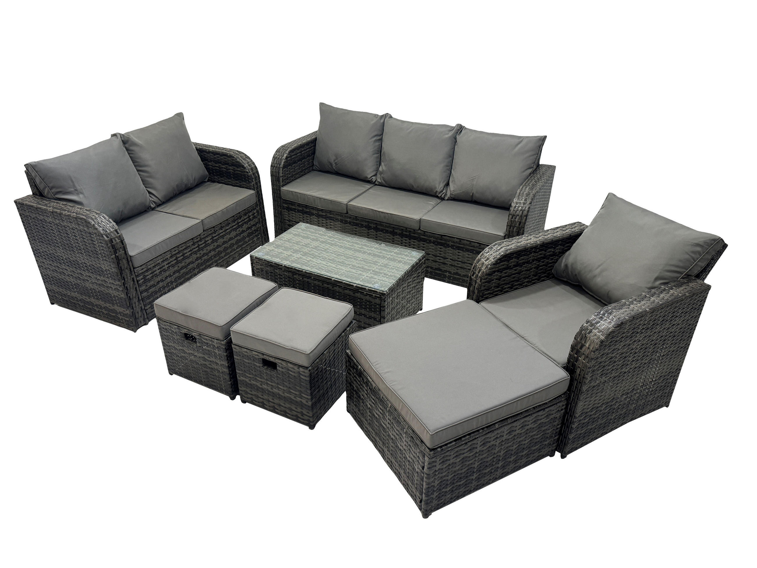 GARTENSET Polyrattan Dunkelgrau 6-Sitzer - Dunkelgrau/Grau, Glas/Kunststoff - Fimous