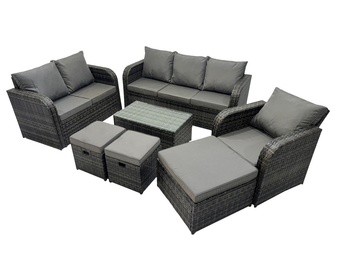 GARTENSET Polyrattan Dunkelgrau 6-Sitzer - Dunkelgrau/Grau, Glas/Kunststoff - Fimous