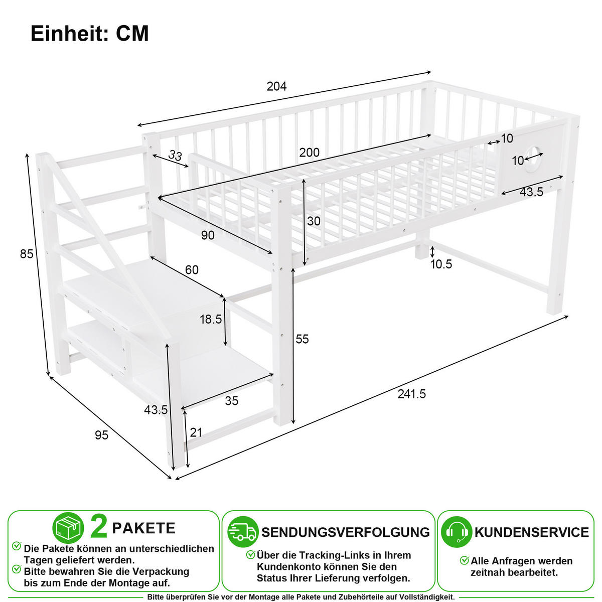 HOCHBETT 90/200 cm in Weiß mit Stauraumleiter und Stauraum - Weiß, Holzwerkstoff/Metall (90/200cm) - CHICFURN