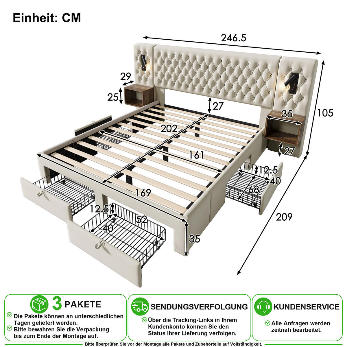 POSTELOVÁ SESTAVA 160/200 cm v béžové barvě se 4 zásuvkami, lampičkami, USB a Type-C - béžová, kov/kompozitní dřevo (160/200cm) - CHICFURN