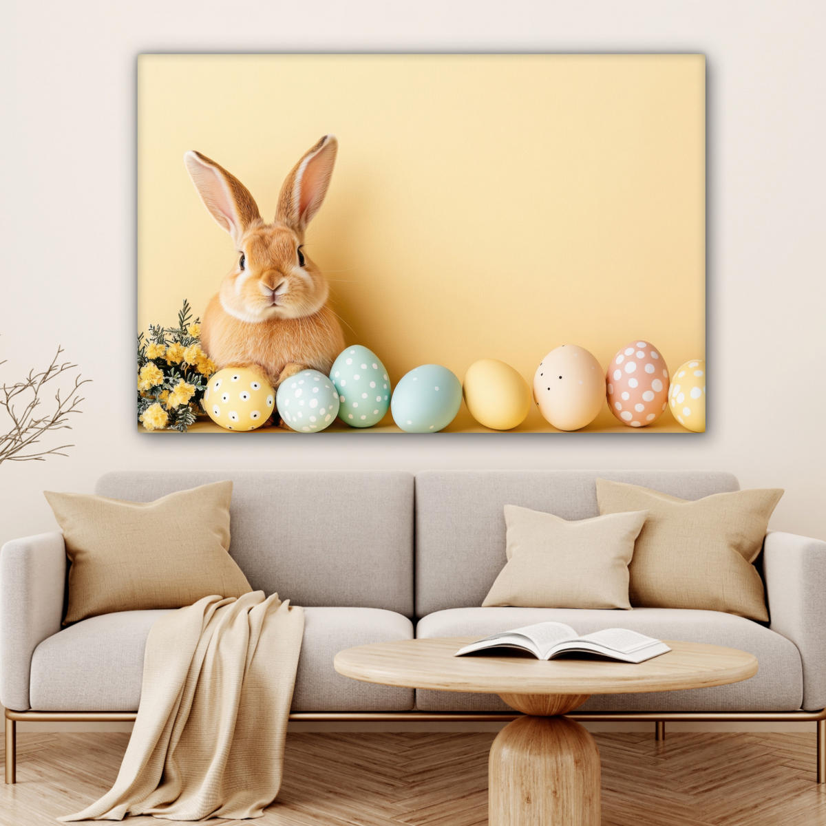 LEINWANDBILD Eier - Kaninchen - Pastellfarbtöne Wohnzimmer Groß 120x80 cm - Hellgelb, Textil (120/80cm) - MuchoWow