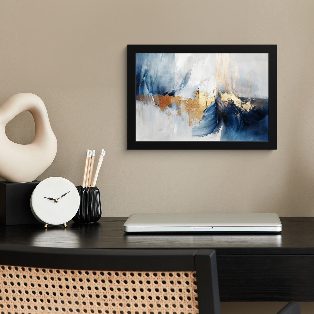 POSTER MIT RAHMEN Gold - Blau - Aquarell - Kunst - Modern 30x20 cm - Hellblau, Papier (30/20cm) - MuchoWow