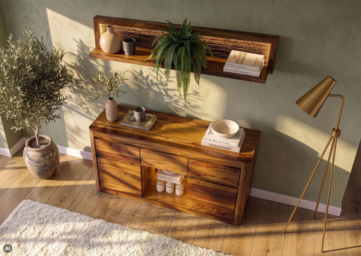 SIDEBOARD Sheesham 146x40x80 walnuss gewachst TORONTO LUX #286 - Dunkelbraun, Holz (146/80/40cm) - Massivmoebel24