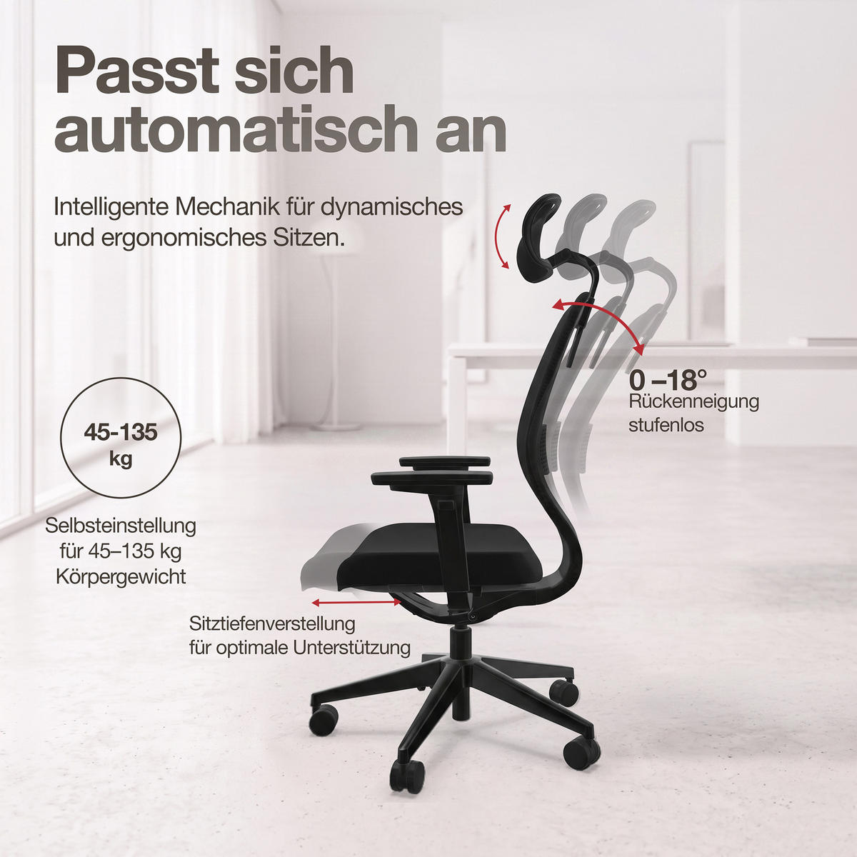 DREHSTUHL Ergonomischer Bürostuhl Atessa mit Netzrücken und Kopfstütze / Mit Kopfstütze Schwarz Netzrücken für Luftzirkulation - Schwarz, Textil (62.5/120.5/45cm) - ASSMANN