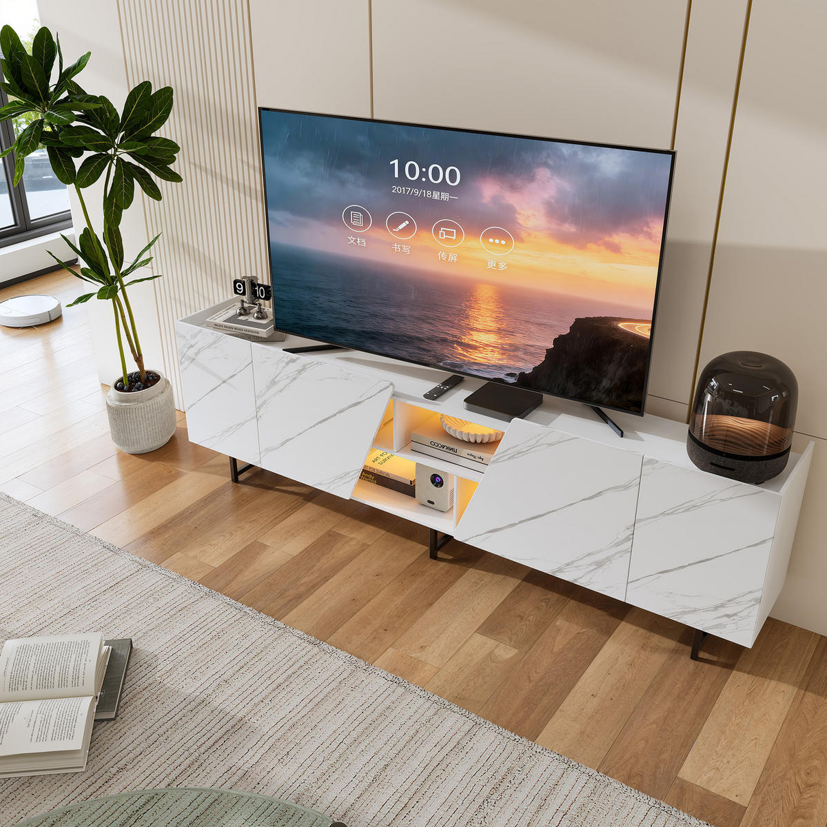 TV-BOARD weiß 220cm marmor-optik metallgestell - Weiß, Holzwerkstoff (34.5/67.7/220cm) - SHOPENTRA