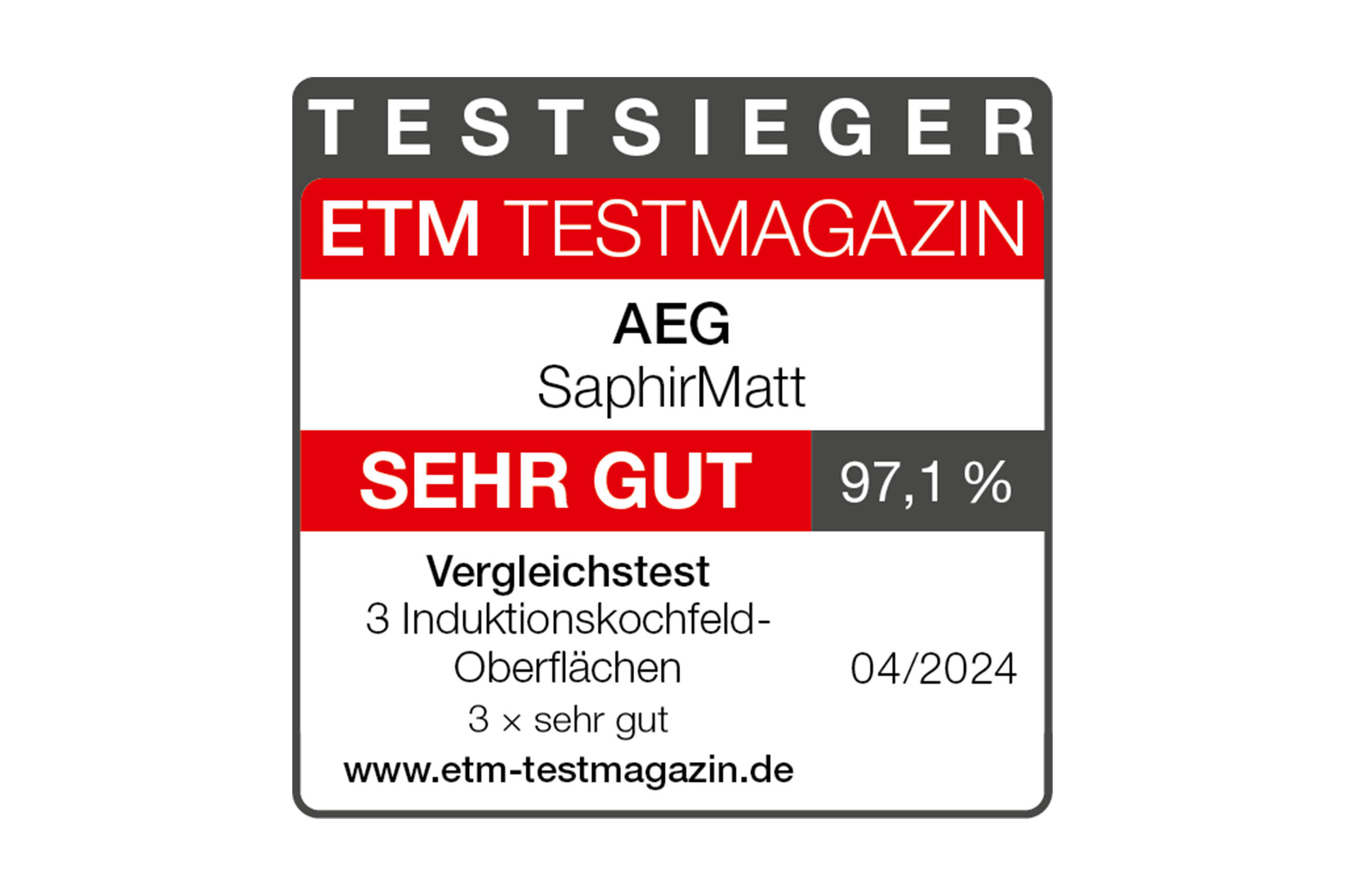 TESTSEIGER ETM TESTMAGAZIN "AEG SaphirMatt" SEHR GUT 97,1% Vergleichstest 3 Induktionskochfeld-Oberflächen 3x sehr gut 04/2024