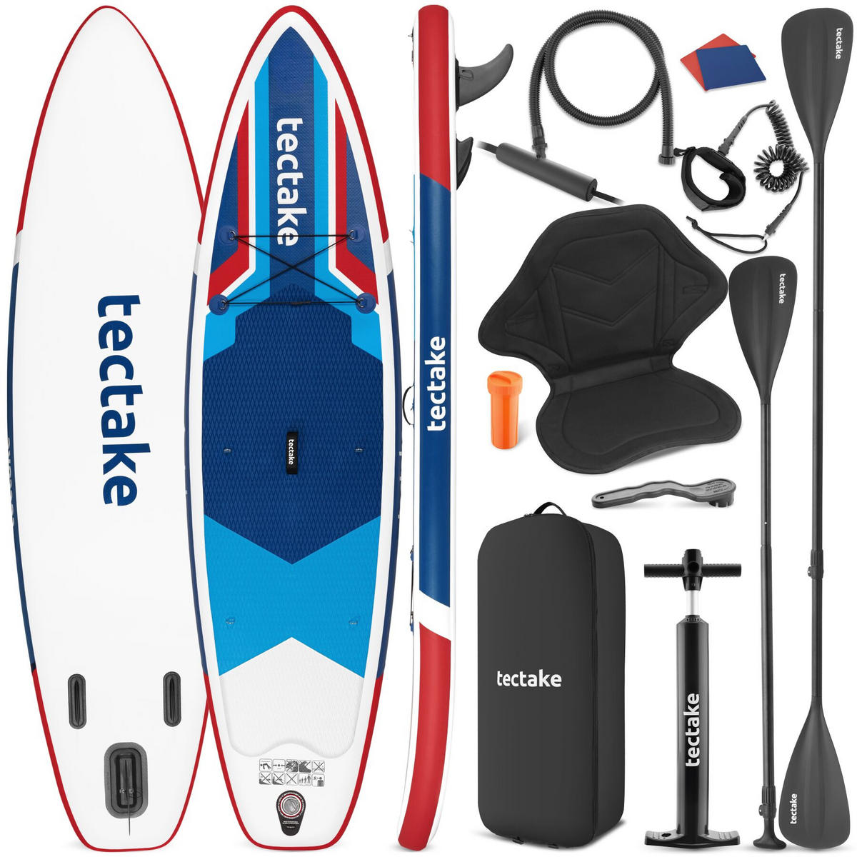 STAND UP PADDLE BOARD Poseidon, Belastbarkeit 200 kg, inklusive Kajak-Sitz, rot/blau - Rot, Kunststoff (320/84/0.4cm) - tectake