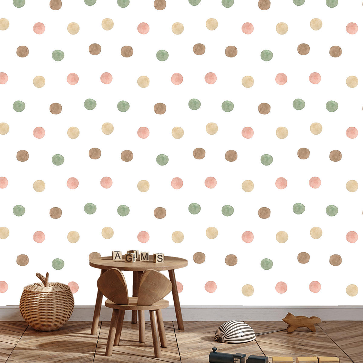 VLIESTAPETE Aquarellpunkte im Boho-Stil – Grün, Rosa, Beige, Weiß – 50x1000 cm - Beige/Rosa, Papier (50/1000cm) - Muralo