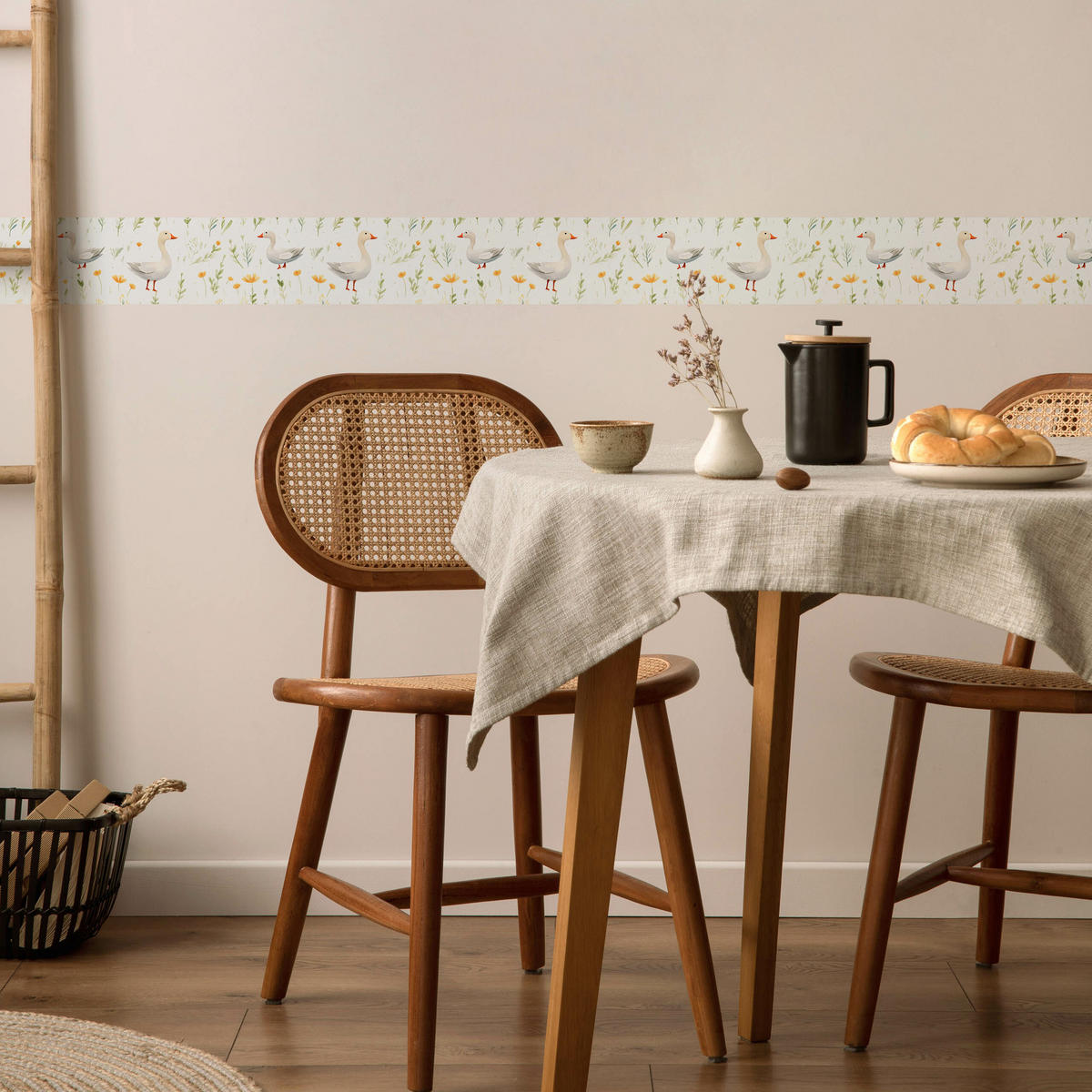 TAPETENBORDÜRE selbstklebend für Kinder GÄNSE Blumen Blätter Aquarell - Weiß/Orange, Papier (10/300/300cm) - Muralo