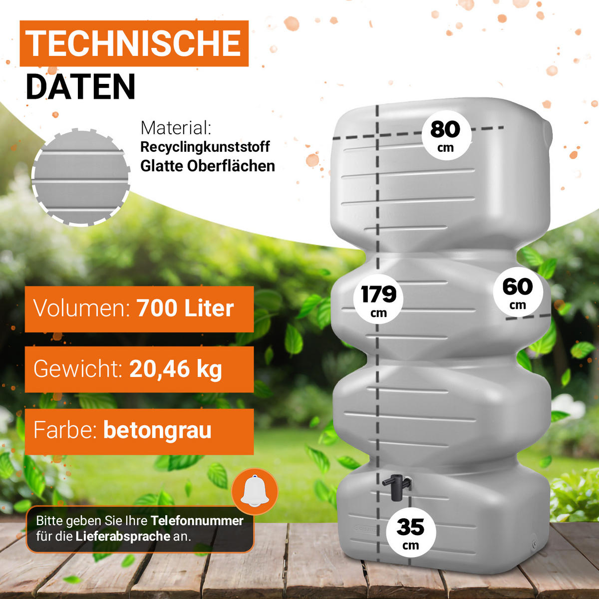 REGENTONNE Komplett-Set 700 L, betongrau inkl. Kunststoff-Auslaufhahn und Fallrohranschluss - Grau, Kunststoff (60/179/80cm) - GARANTIA
