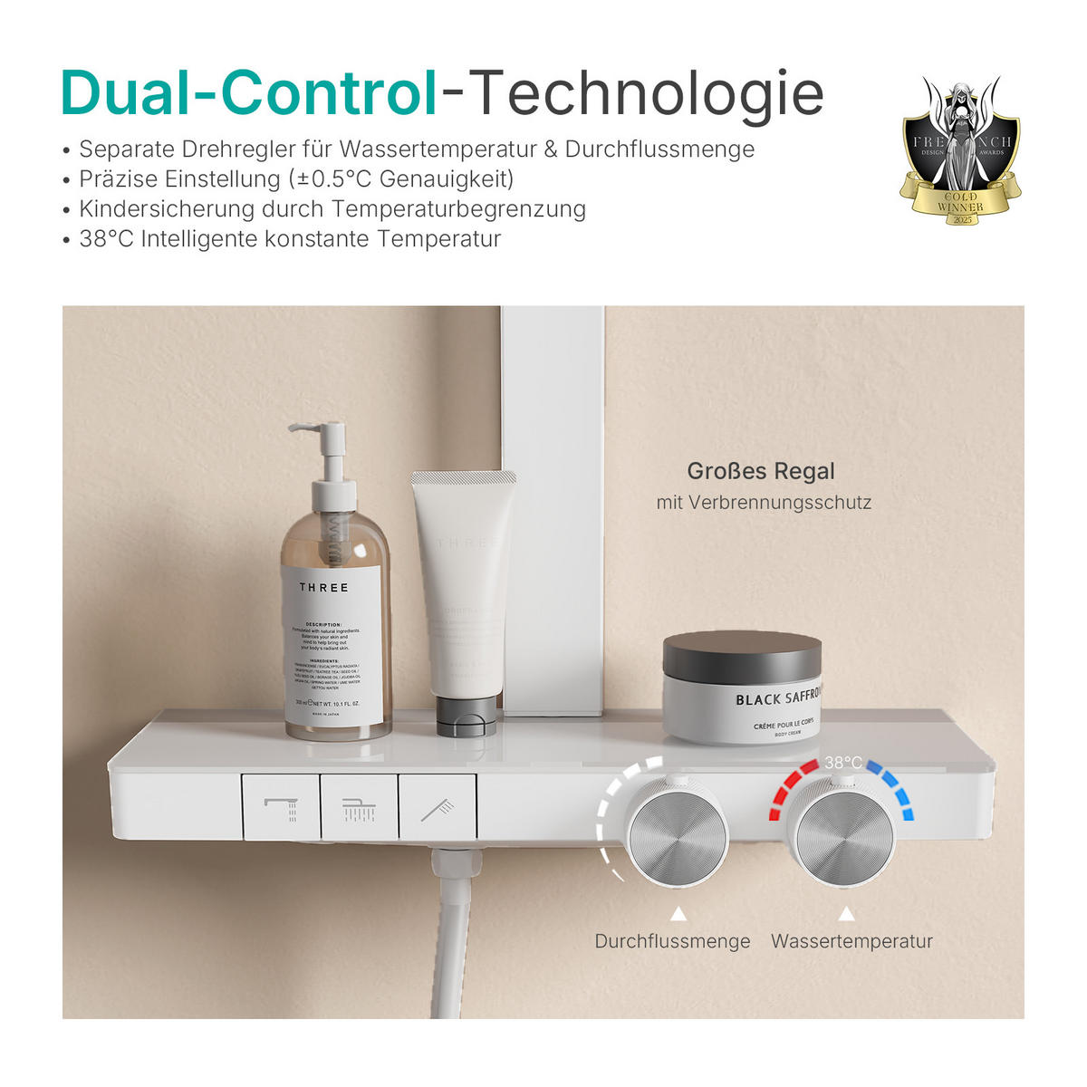 ÜBERKOPFBRAUSESET mit Thermostat Einstellbarer Durchfluss 4-Strahl Mattweiß - Weiß, Metall (40.2/105/57.3cm) - EMKE