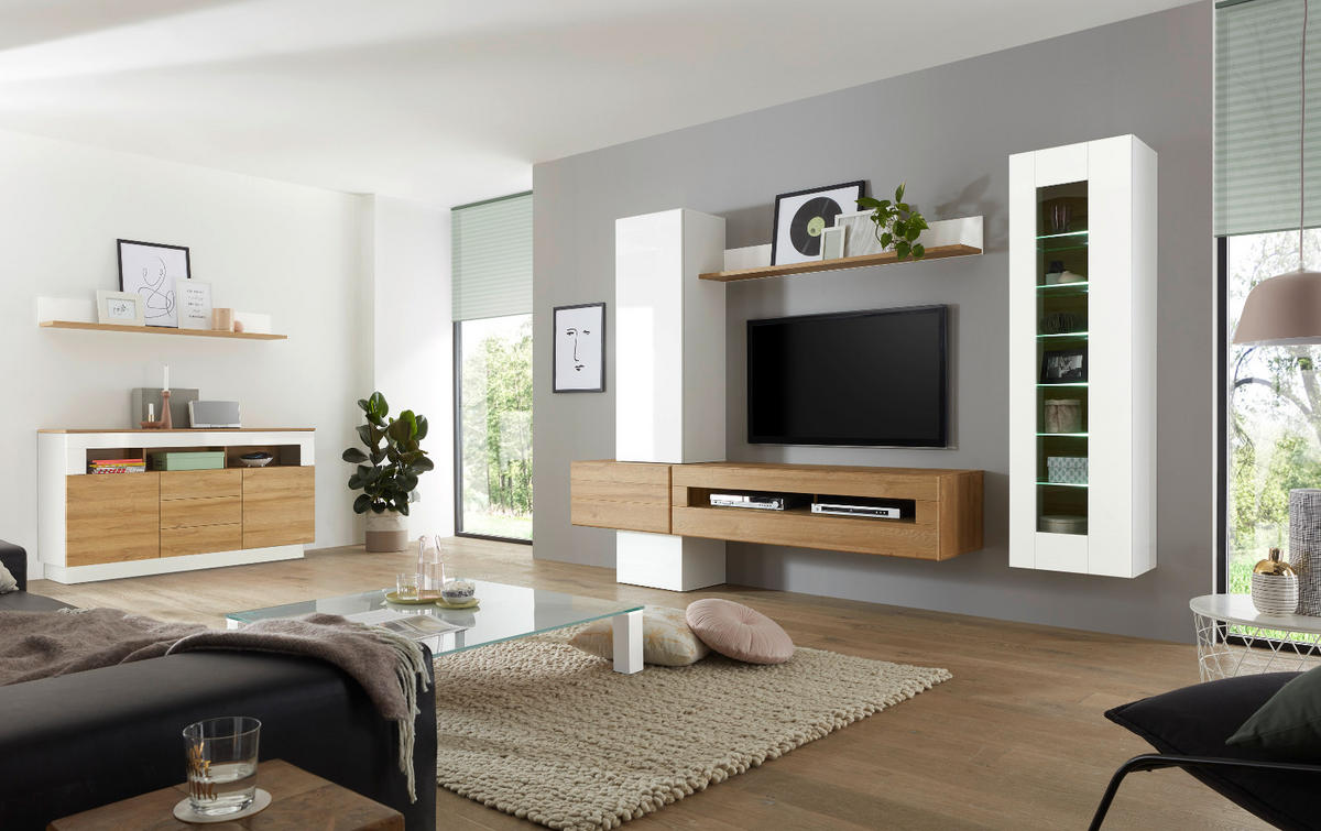 VITRINE weiß Hochglanz, Grandson Eiche, Vitrinenschrank hängend, stehend 45 x 166 cm - Weiß Hochglanz/Eichefarben, Holzwerkstoff (45/166/38cm) - Furn.Design