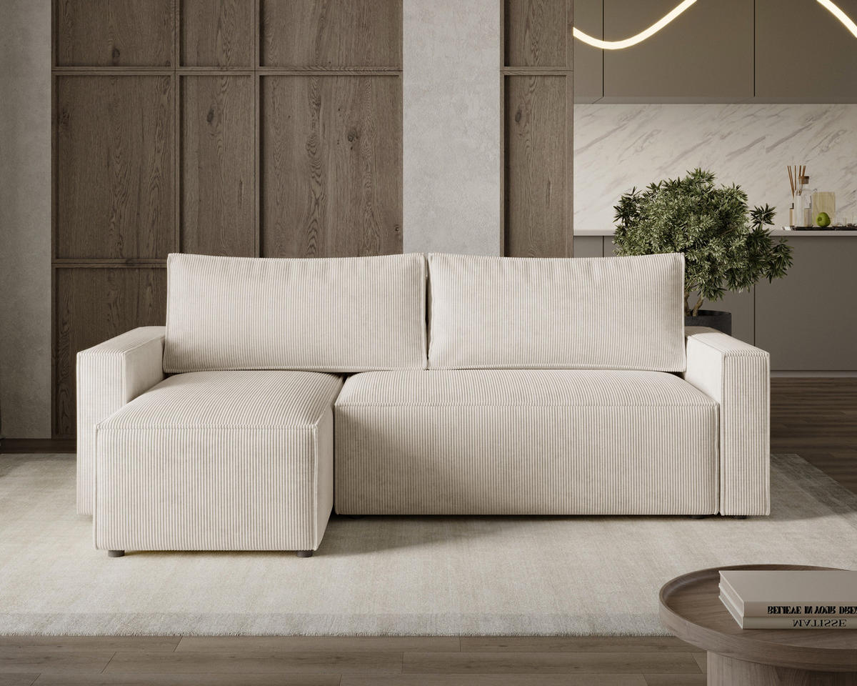 ECKSOFA LIVIO S mit Schlaffunktion, universell montierbar - POSO 100 - Beige, Holz (230/142cm) - Dekori_Interiors