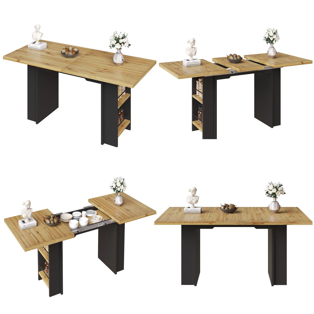 ESSTISCH in Naturfarbe und Schwarz ausziehbarer Esszimmertisch mit Regalen für Küche und Esszimmer, L120-160/B80/H75 cm - Schwarz/Naturfarben, Holzwerkstoff/Metall (80/160/75cm) - STILVORA
